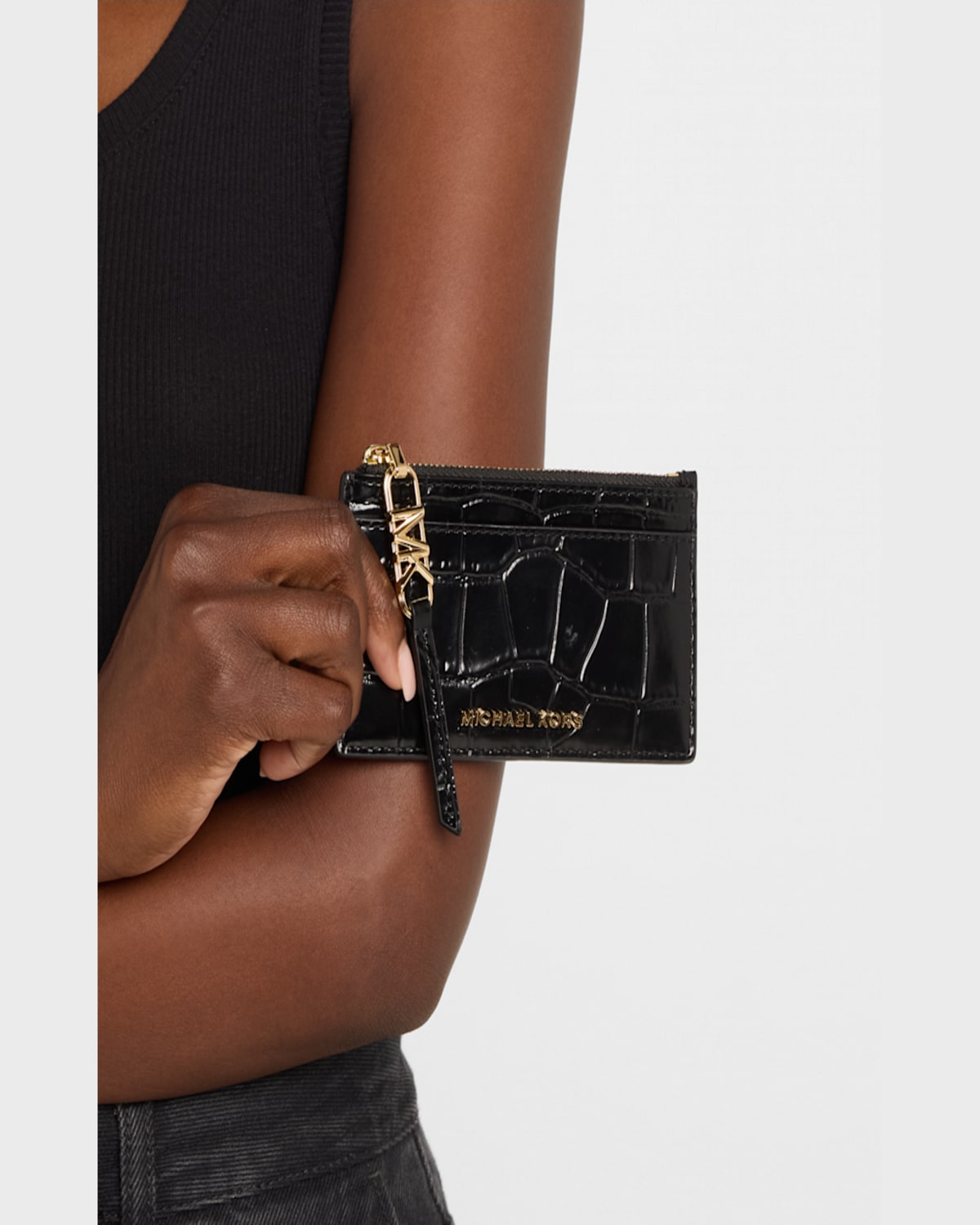 Michael Michael Kors Empire Croc-embossed Leather Card Holder In Black