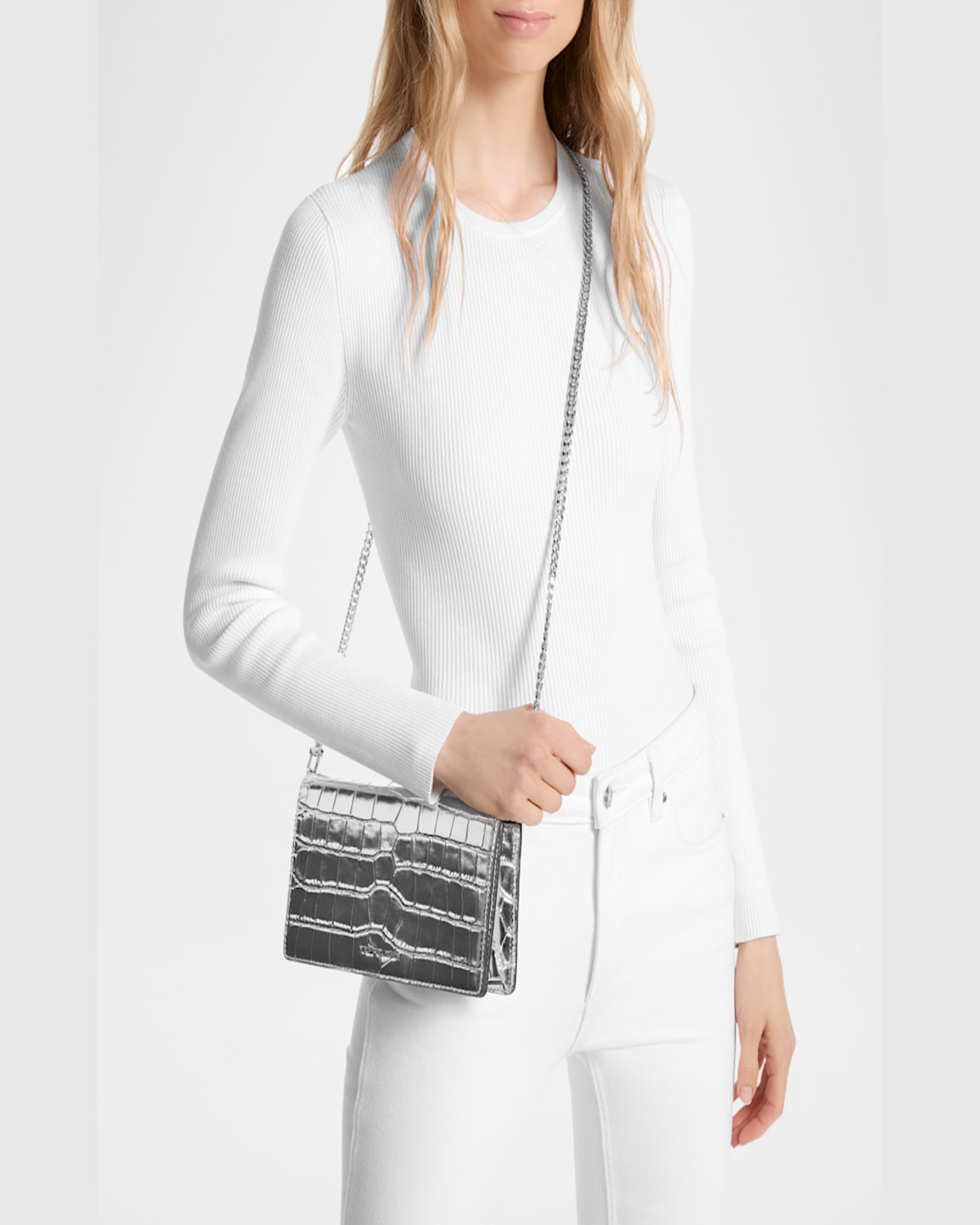 Michael Michael Kors Jet Set Metallic Croc-embossed Leather Crossbody Bag In Silver