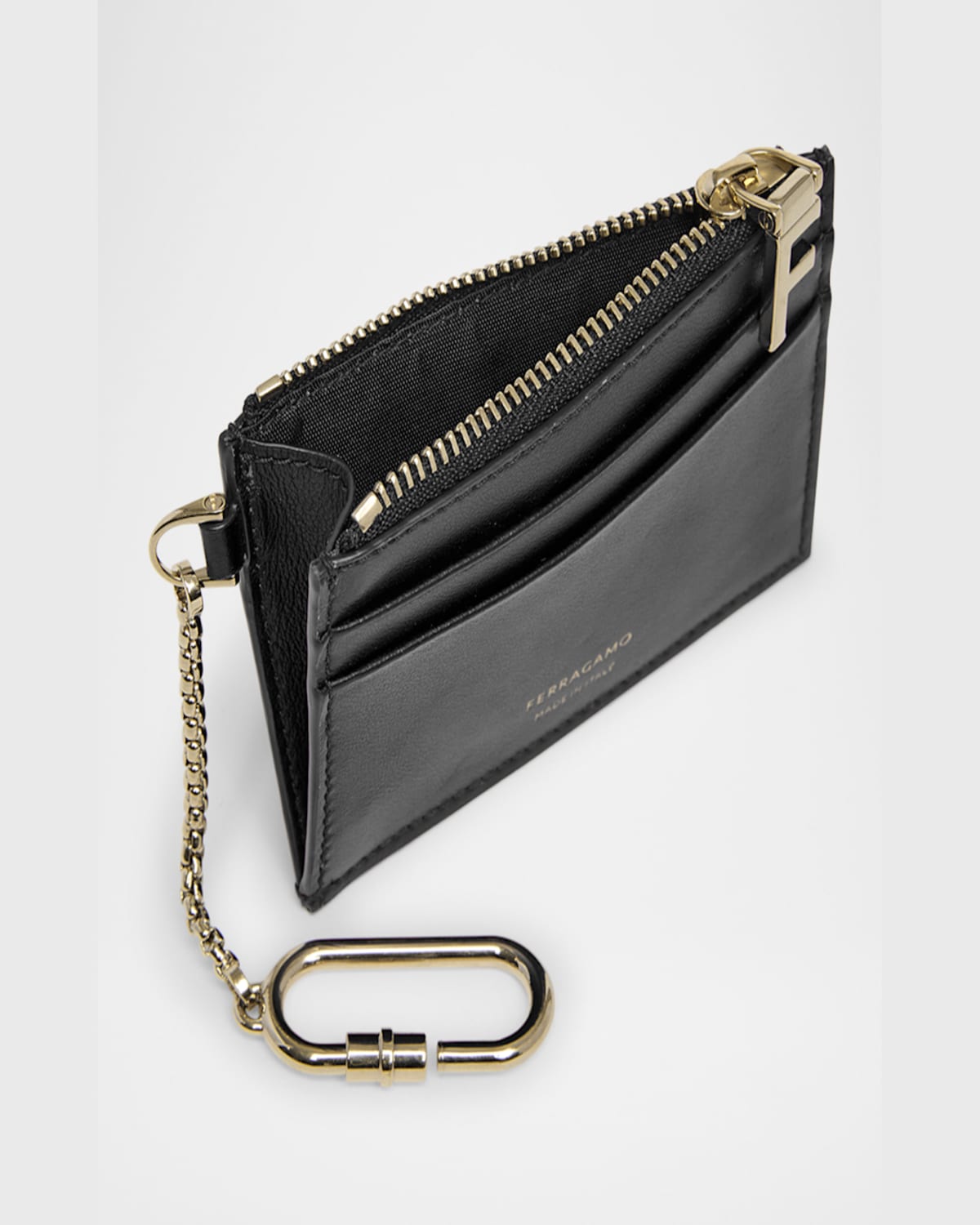 Ferragamo Hot Stamp Zip Leather Card Holder In Nero