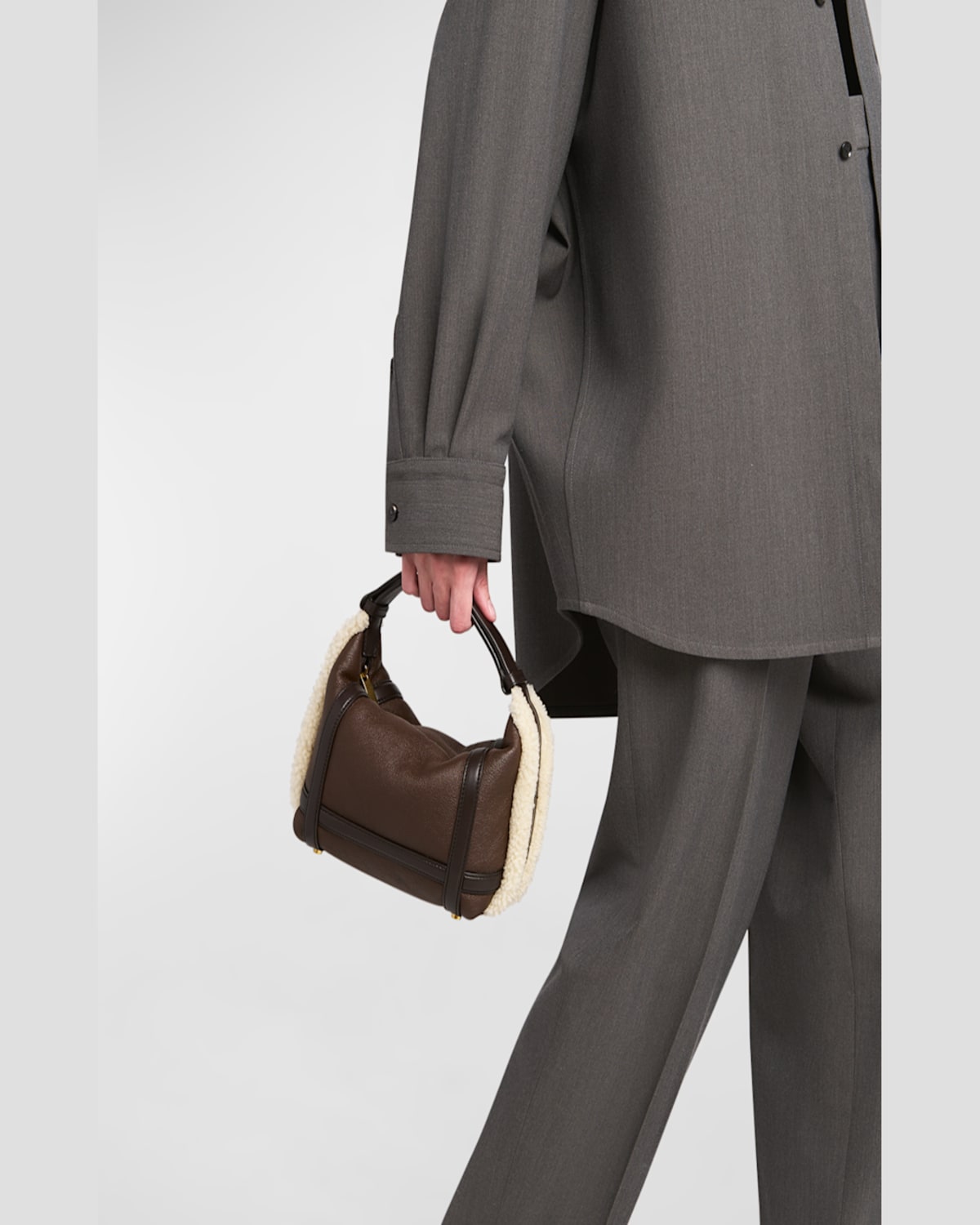 Shop Bottega Veneta Wallace Mini Lamb Fur Top-handle Bag In Light Brown Teddy