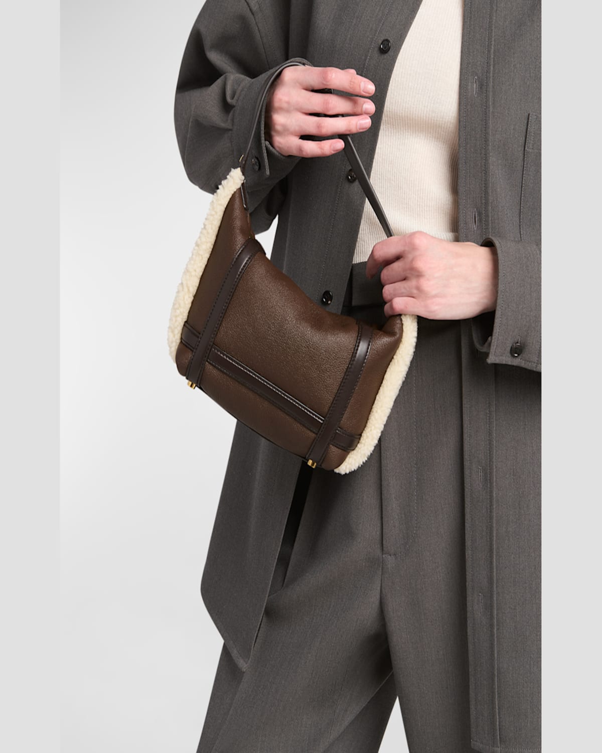 Shop Bottega Veneta Wallace Mini Lamb Fur Top-handle Bag In Light Brown Teddy