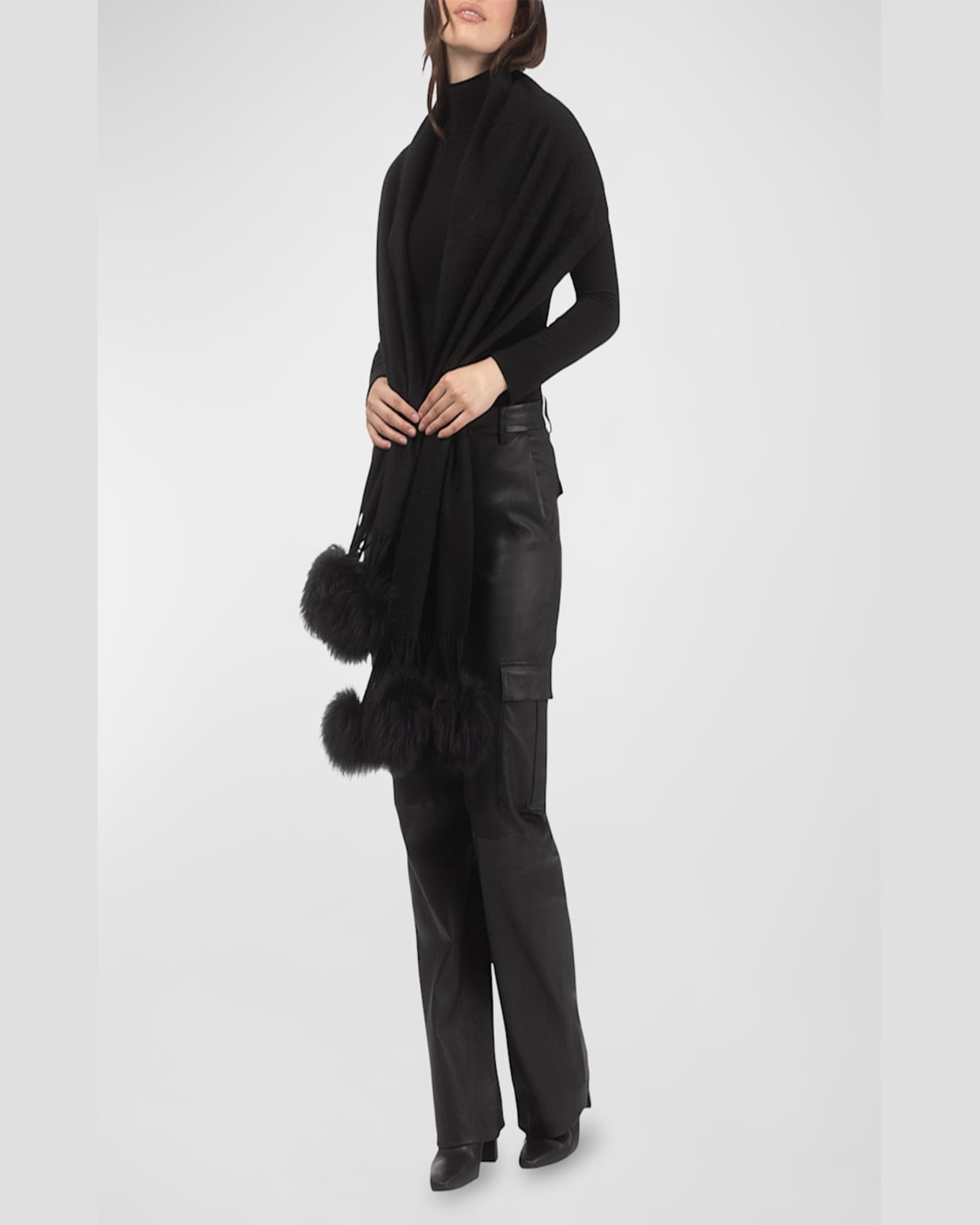Gorski Select Cashmere Stole With Lamb Shearling Poms In Black