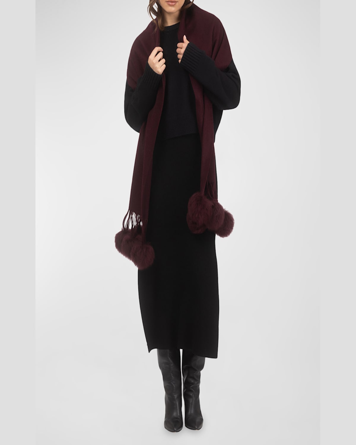 Gorski Select Cashmere Stole With Lamb Shearling Poms In Burgundy