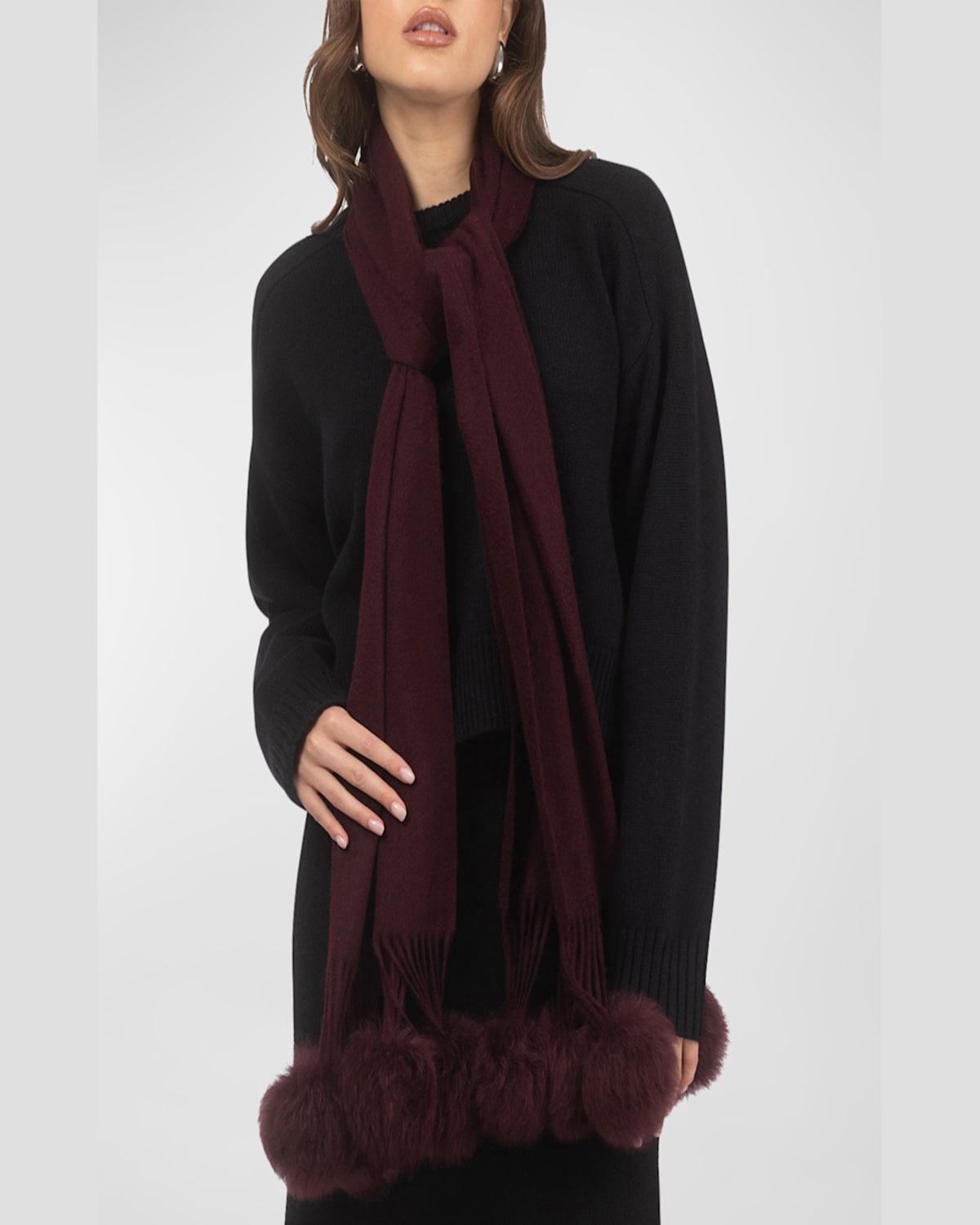 Gorski Select Cashmere Stole With Lamb Shearling Poms In Burgundy