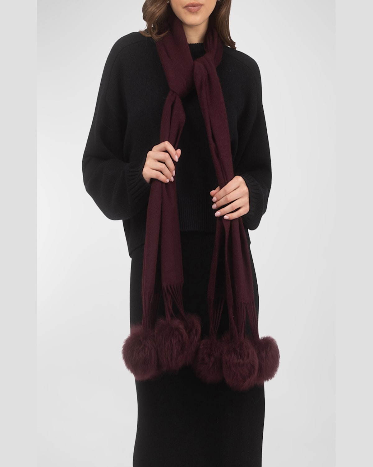 Gorski Select Cashmere Stole With Lamb Shearling Poms In Burgundy