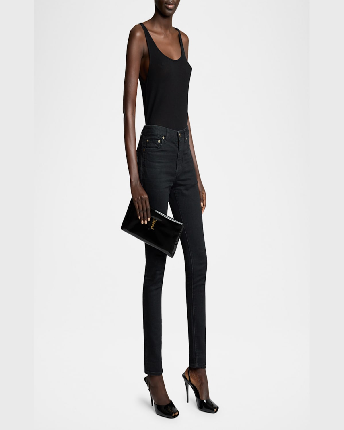 Saint Laurent Calypso Ysl Long Clutch Bag In Patent Polyurethane In Black