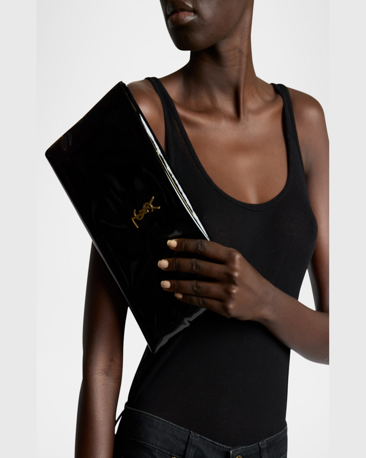 Saint Laurent Calypso Ysl Long Clutch Bag In Patent Polyurethane In Black
