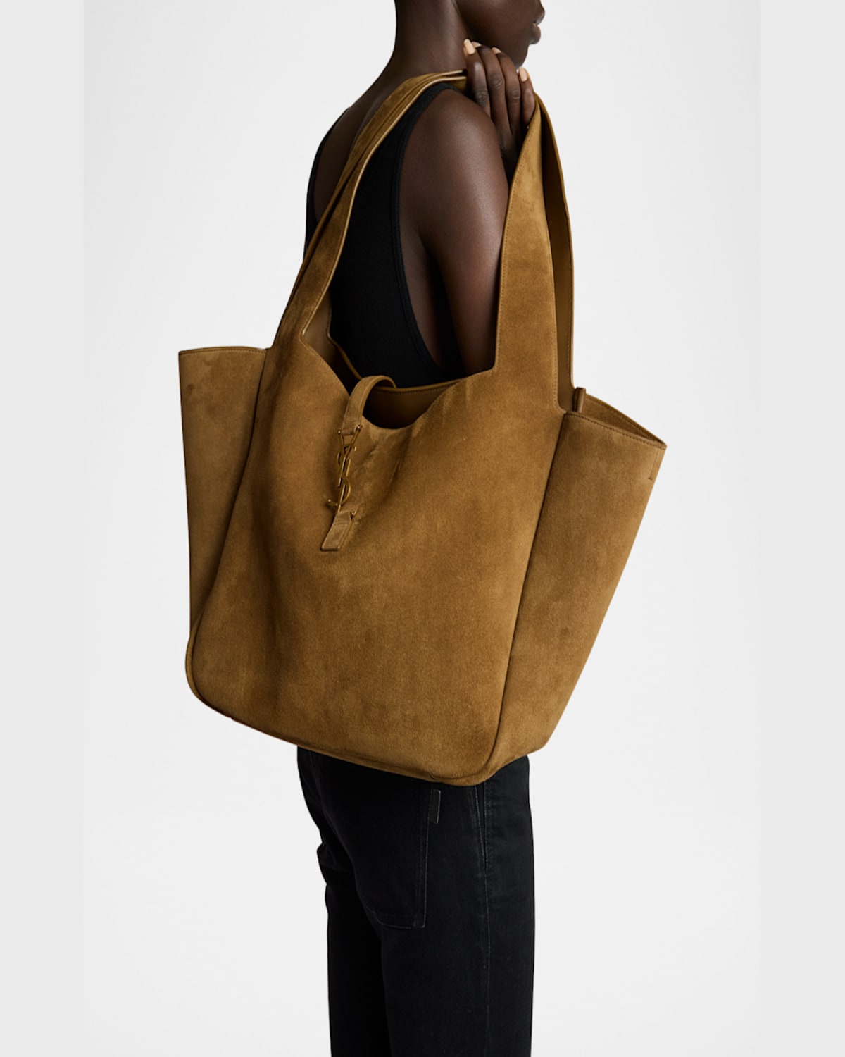 Saint Laurent Bea Ysl Cabas Tote Bag In Suede In Golden Leaf