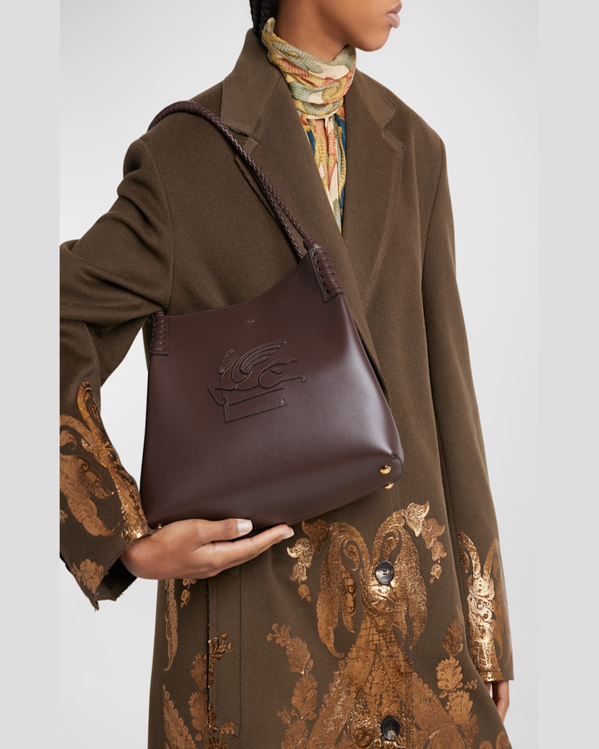 Etro Brown Leather Bag With Embroidered Logo In Brown