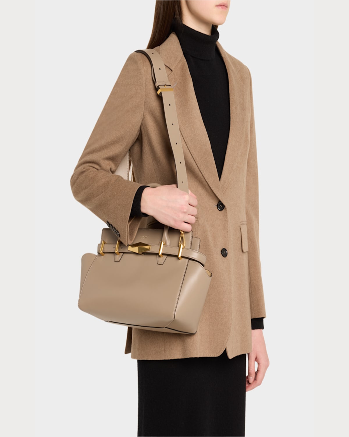 Jimmy Choo Small Diamond Belted Leather Top-handle Bag In Taupegold