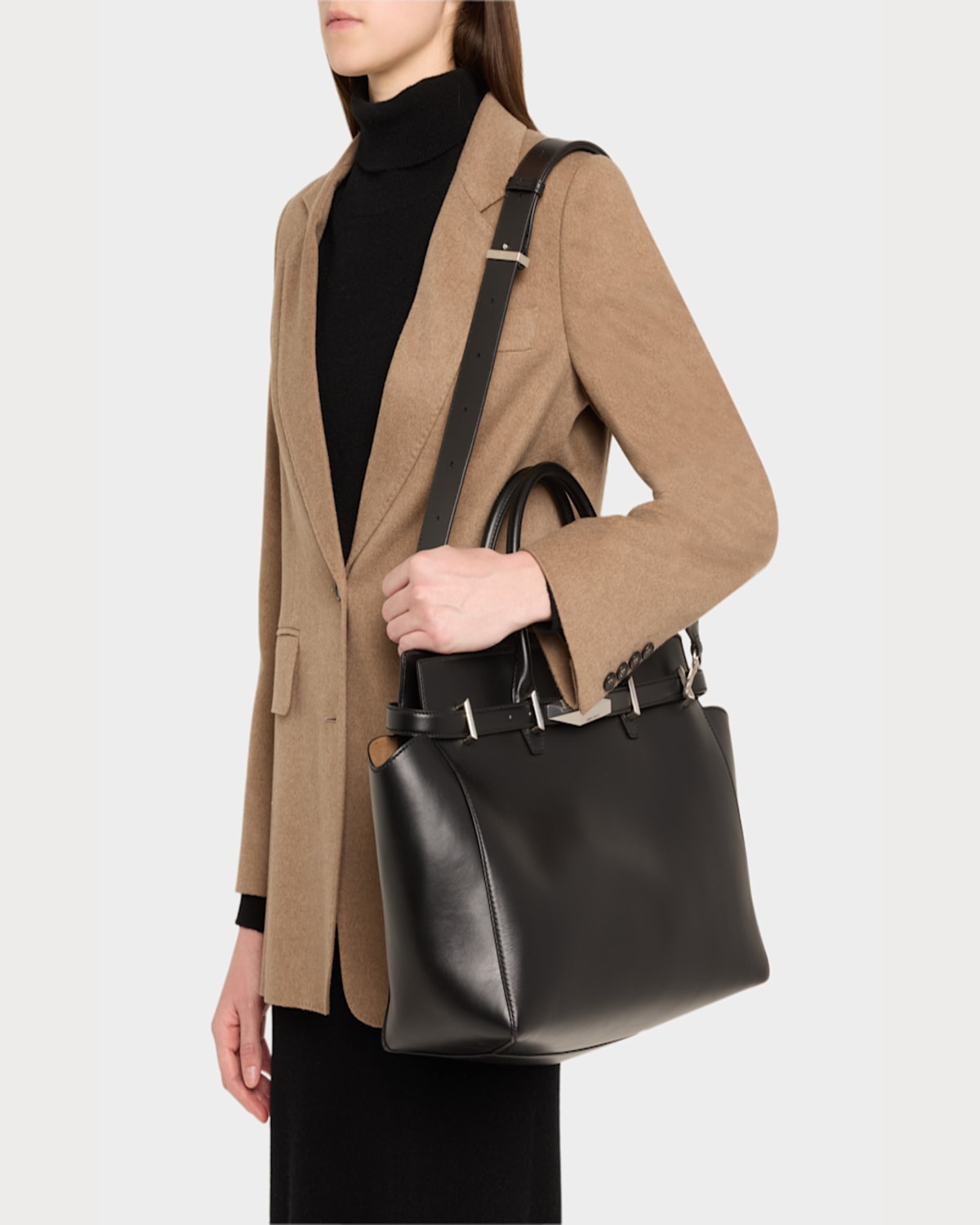 Jimmy Choo Black Leather Large Diamond Belted Shopping Bag In Blackant Silv
