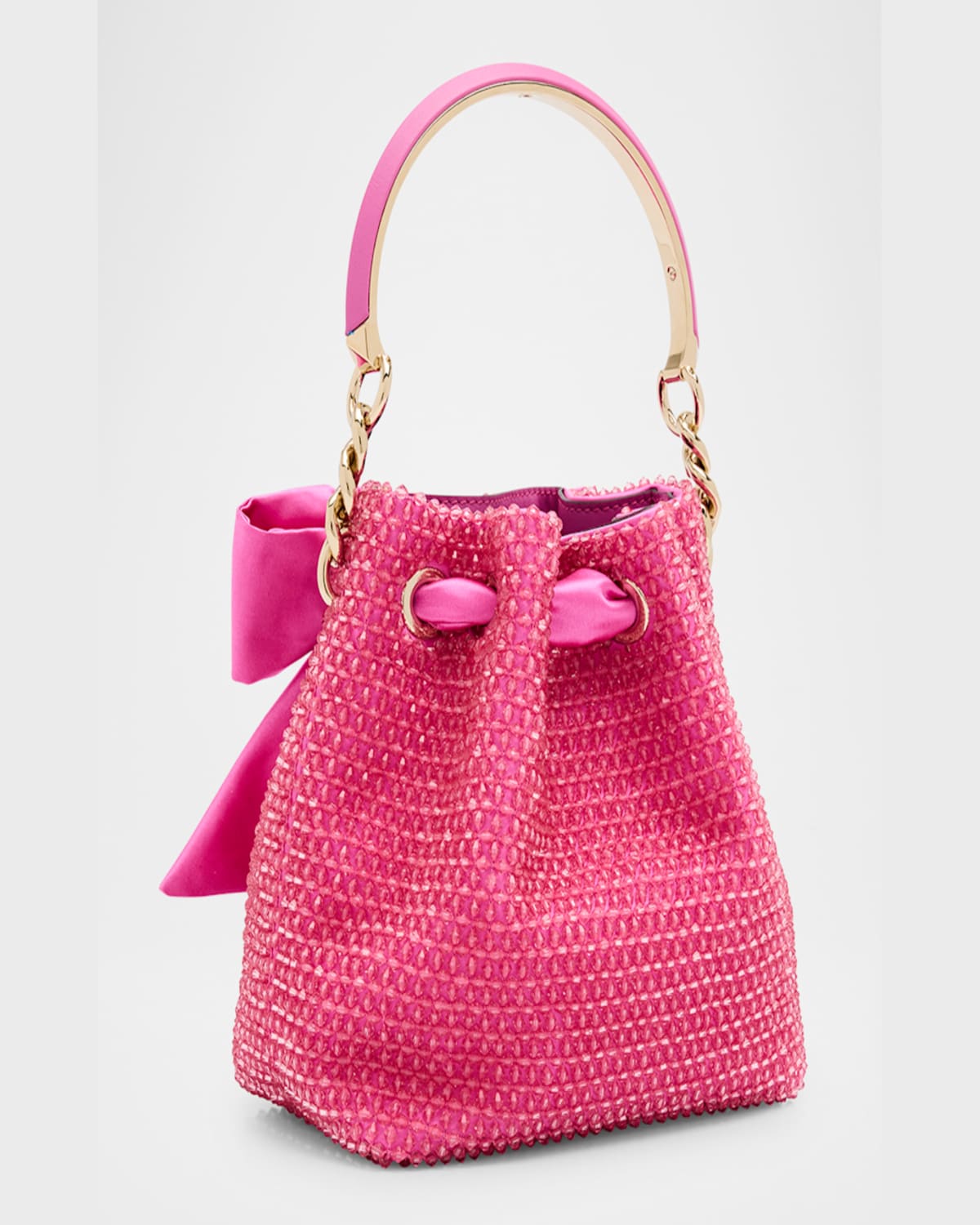 Jimmy Choo Bon Bon Bow Metallic Raffia Bucket Bag In Lmagltgld