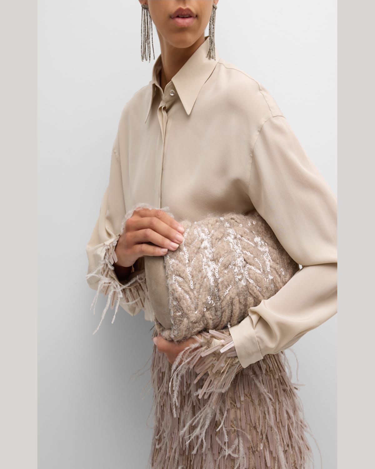 Brunello Cucinelli Sequined Opera Knit Clutch Bag In Sand