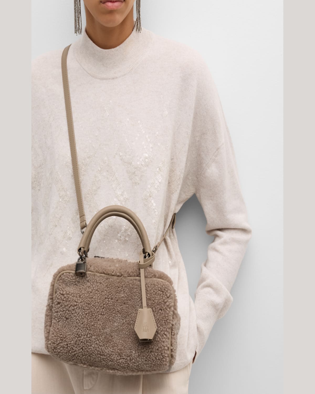 BRUNELLO CUCINELLI BOSTON LAMB SHEARLING TOP-HANDLE BAG 