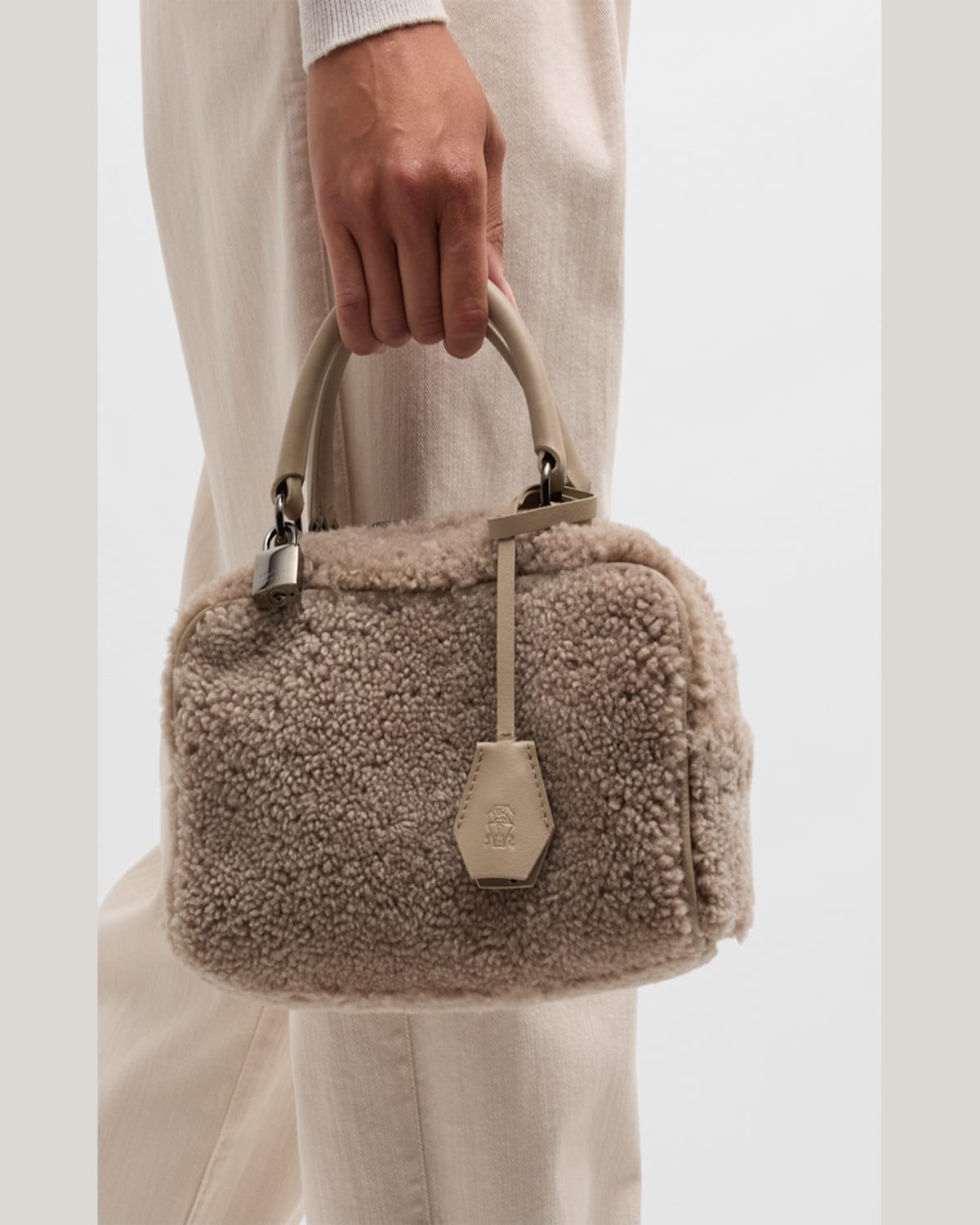 BRUNELLO CUCINELLI BOSTON LAMB SHEARLING TOP-HANDLE BAG 