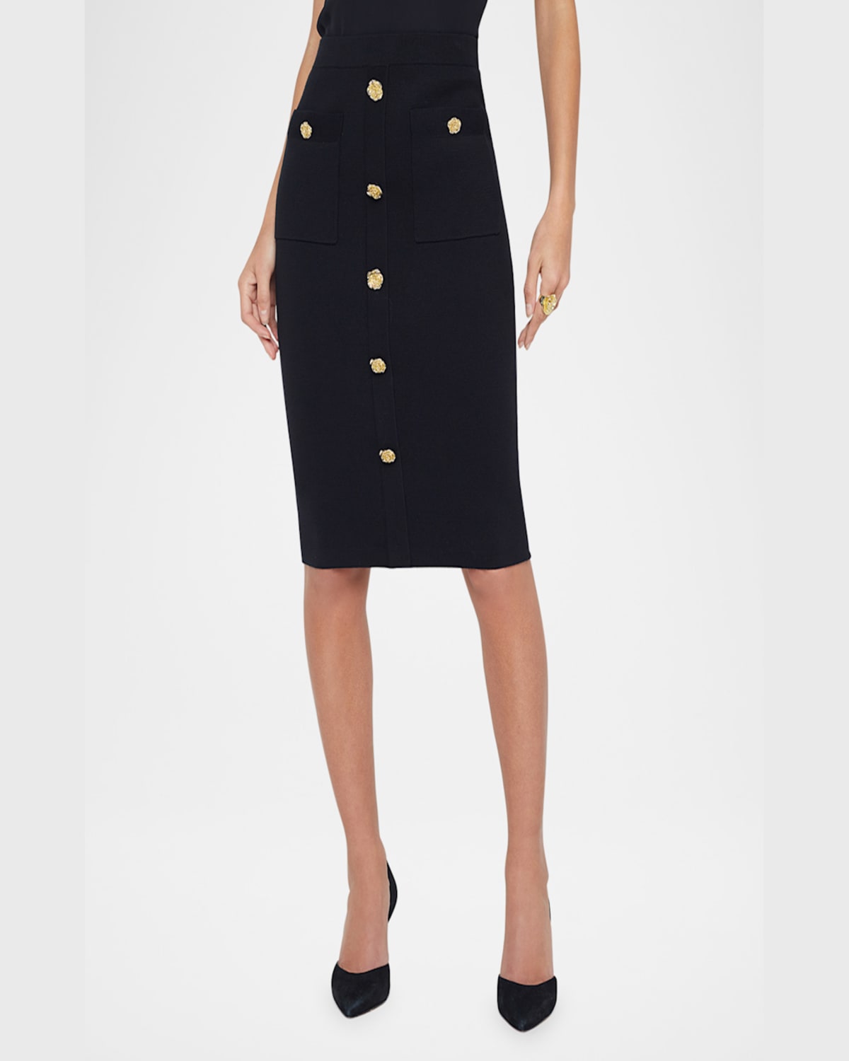 Shop L Agence Amira Knit Buttoned Knee-length Skirt In Pale Jadenickel Rose