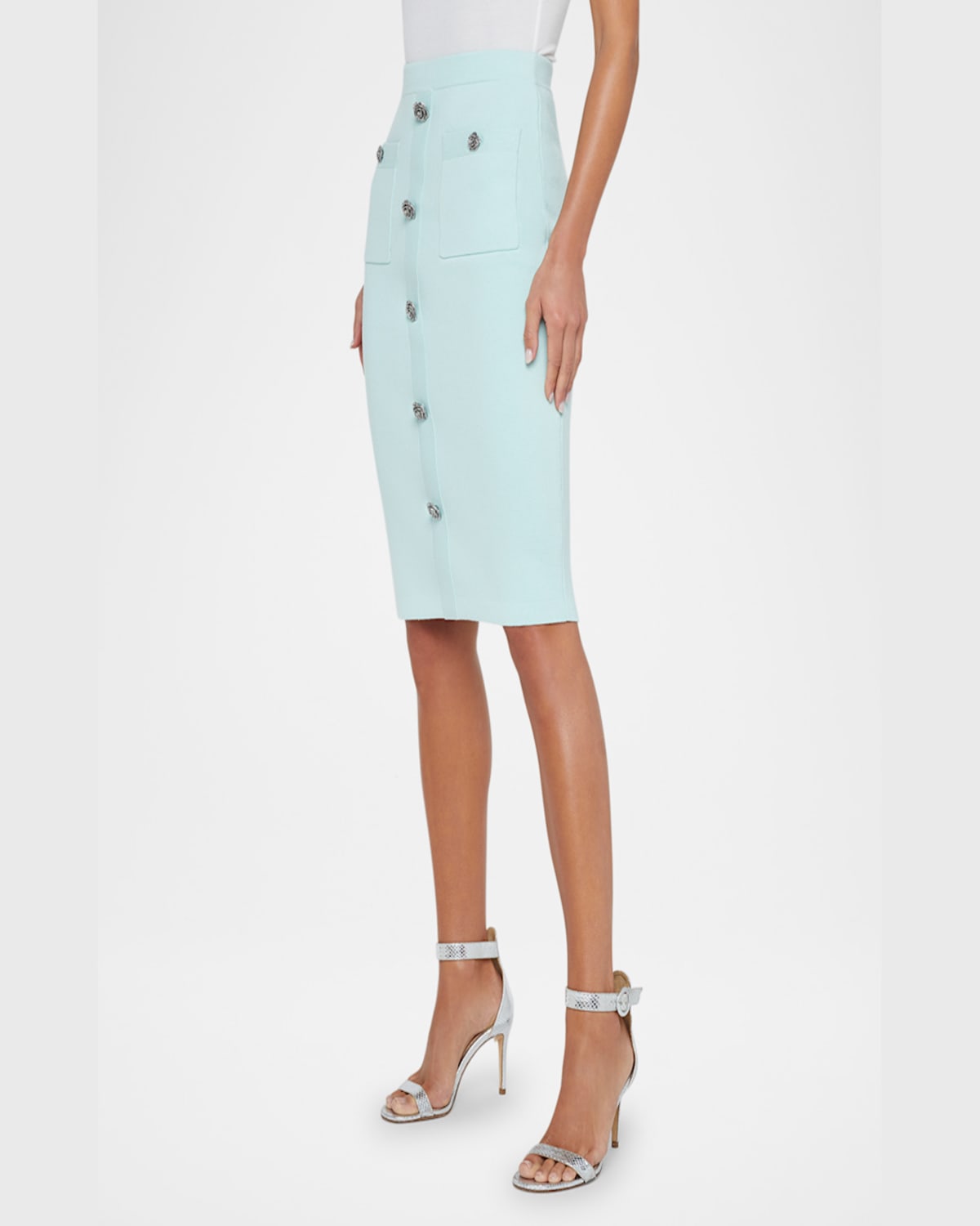 Shop L Agence Amira Knit Buttoned Knee-length Skirt In Pale Jadenickel Rose