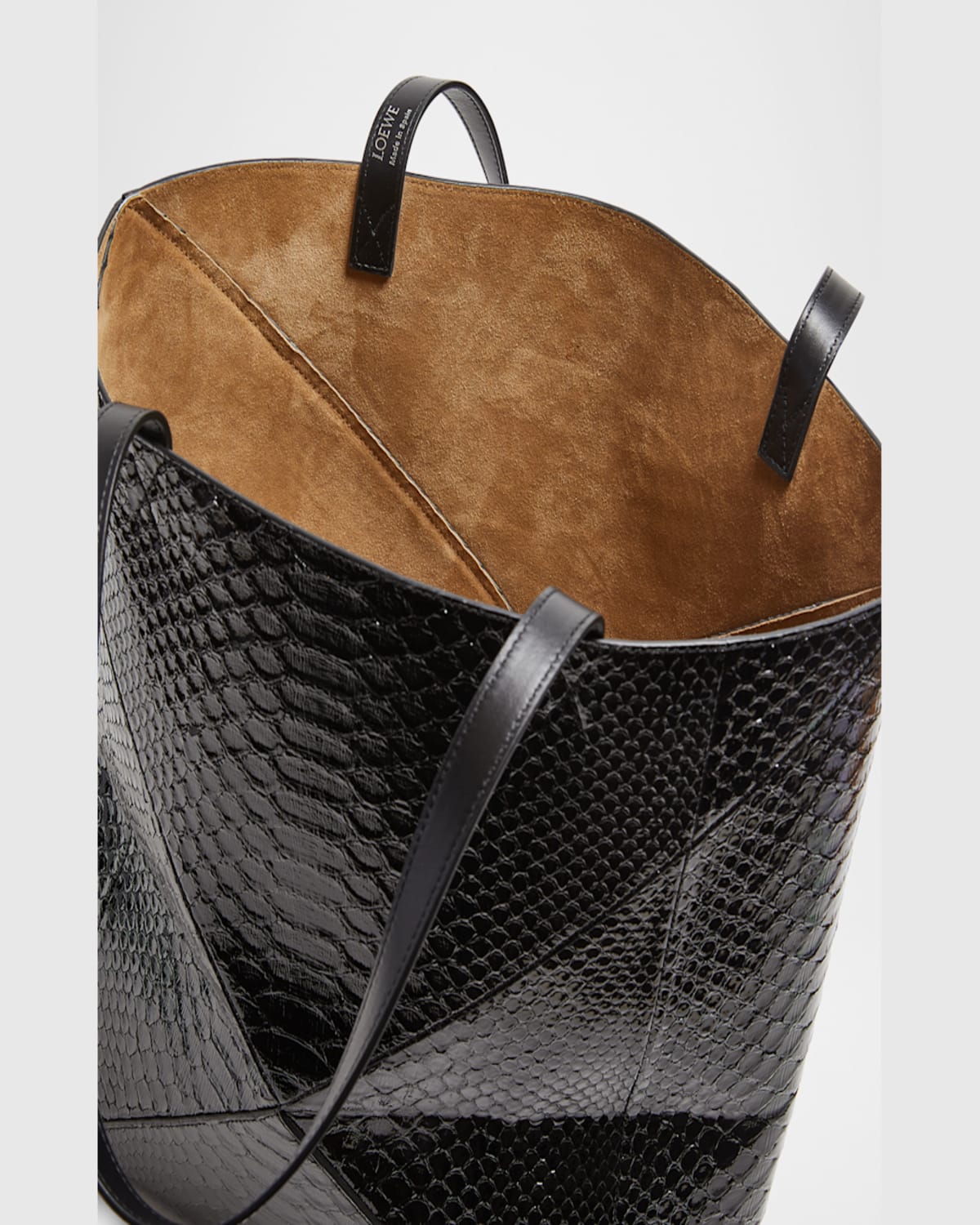 Loewe Puzzle Fold Large Patent Python-embossed Tote Bag In Black