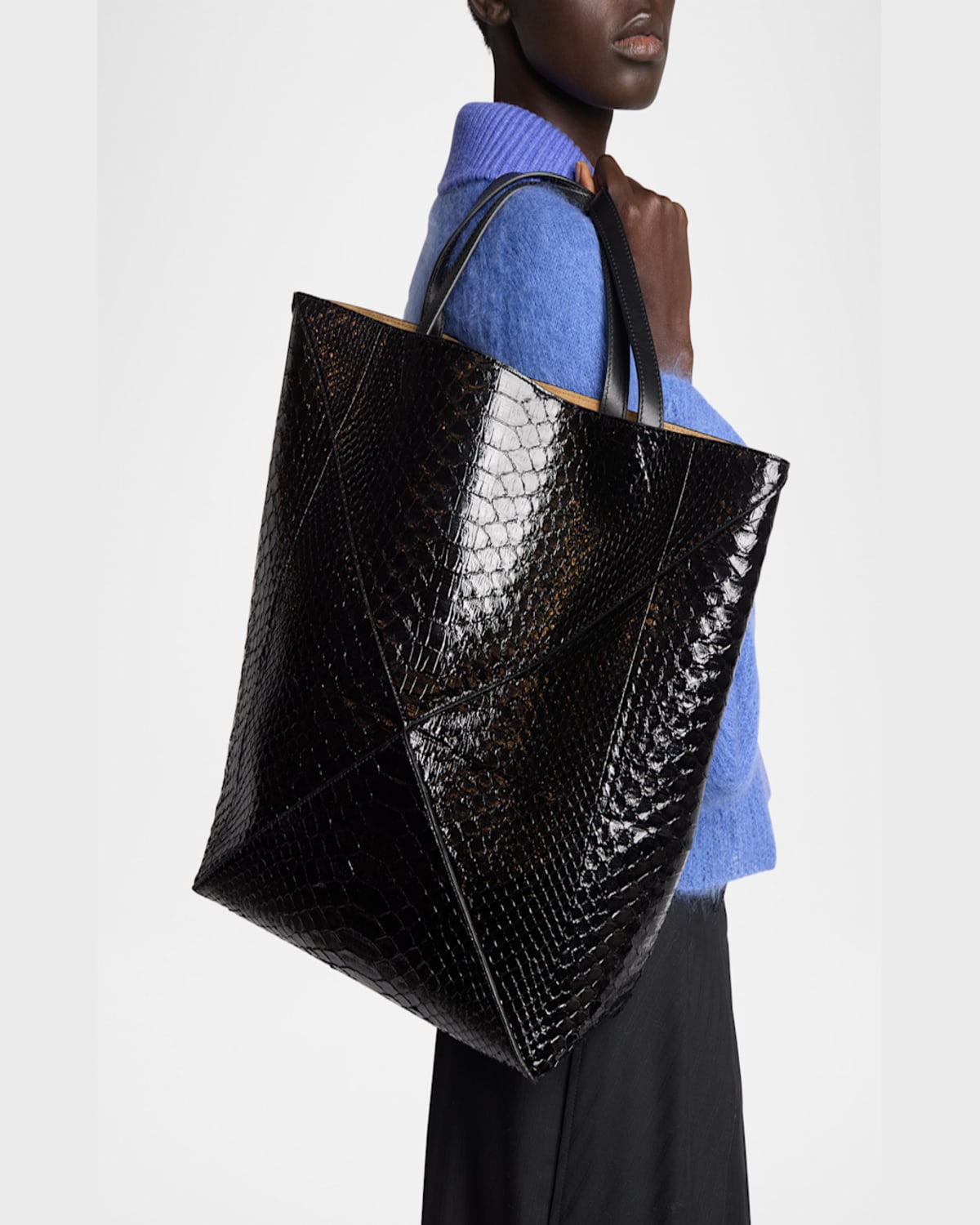Loewe Puzzle Fold Large Patent Python-embossed Tote Bag In Black