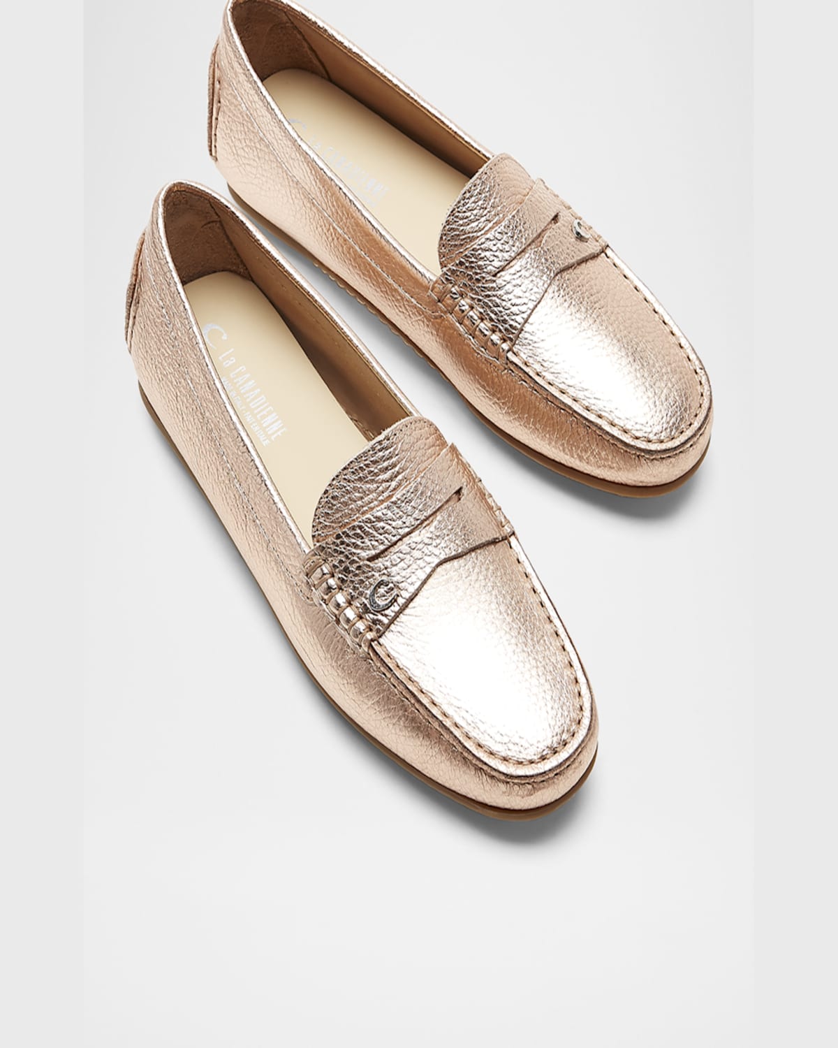 La Canadienne Pilar Metallic Penny Driver Loafers In Gold