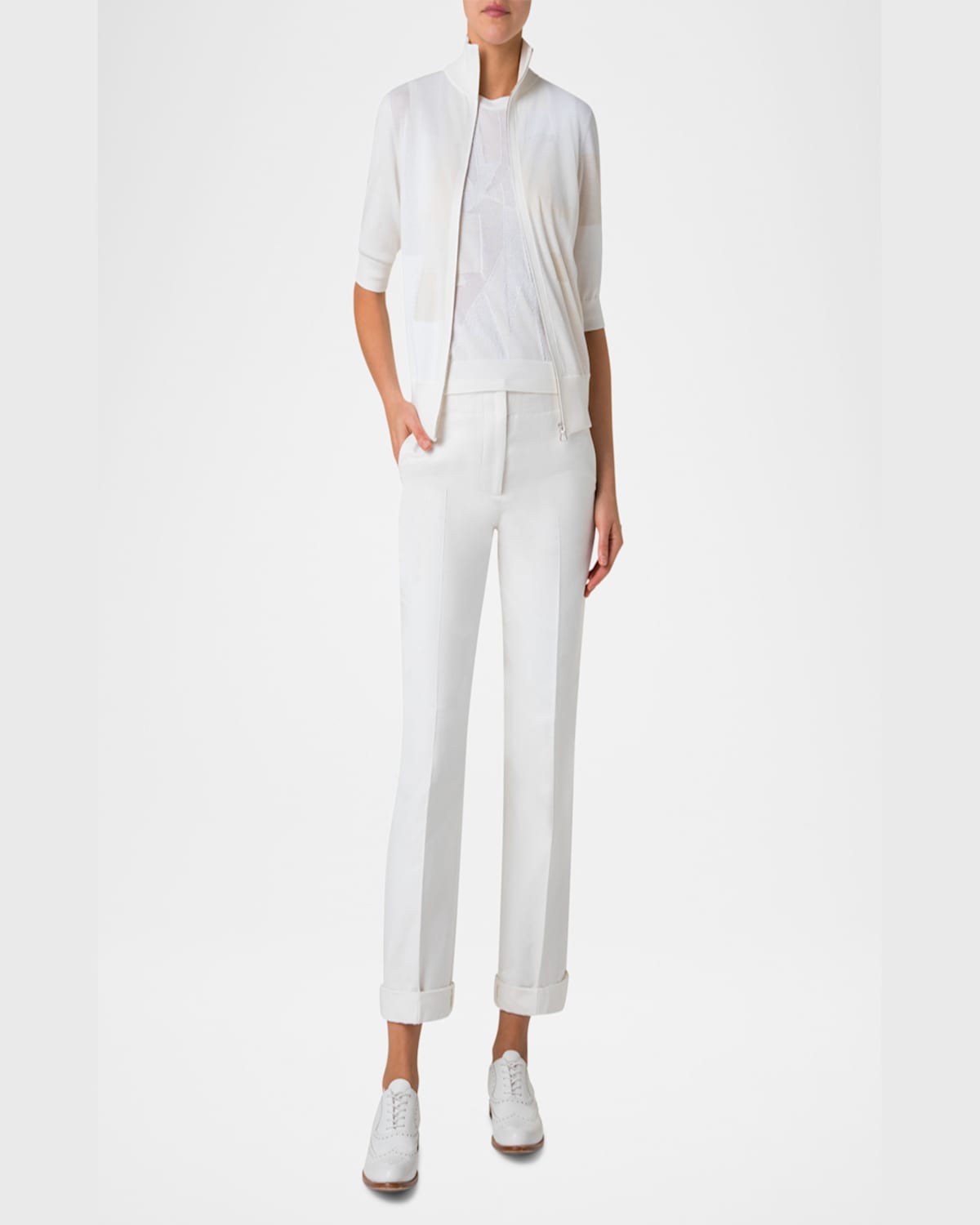 Akris Trapeze Rayonnant Jacquard Full Zip Cardigan In Ecru