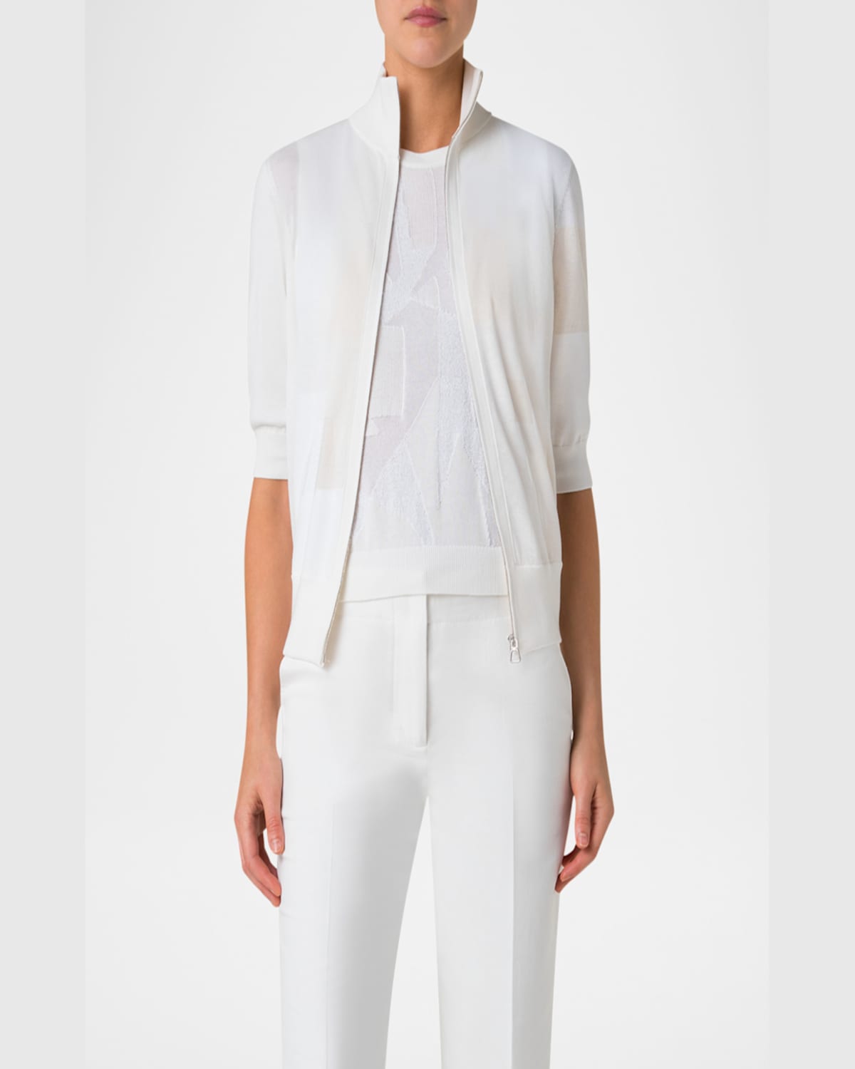 Akris Trapeze Rayonnant Jacquard Full Zip Cardigan In Ecru