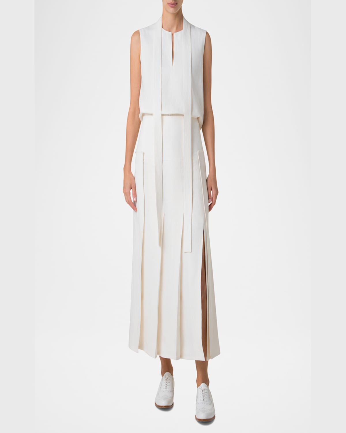 Shop Akris Neck-tie Stonewash Twisted Linen-blend Sleeveless Blouse In Ecru