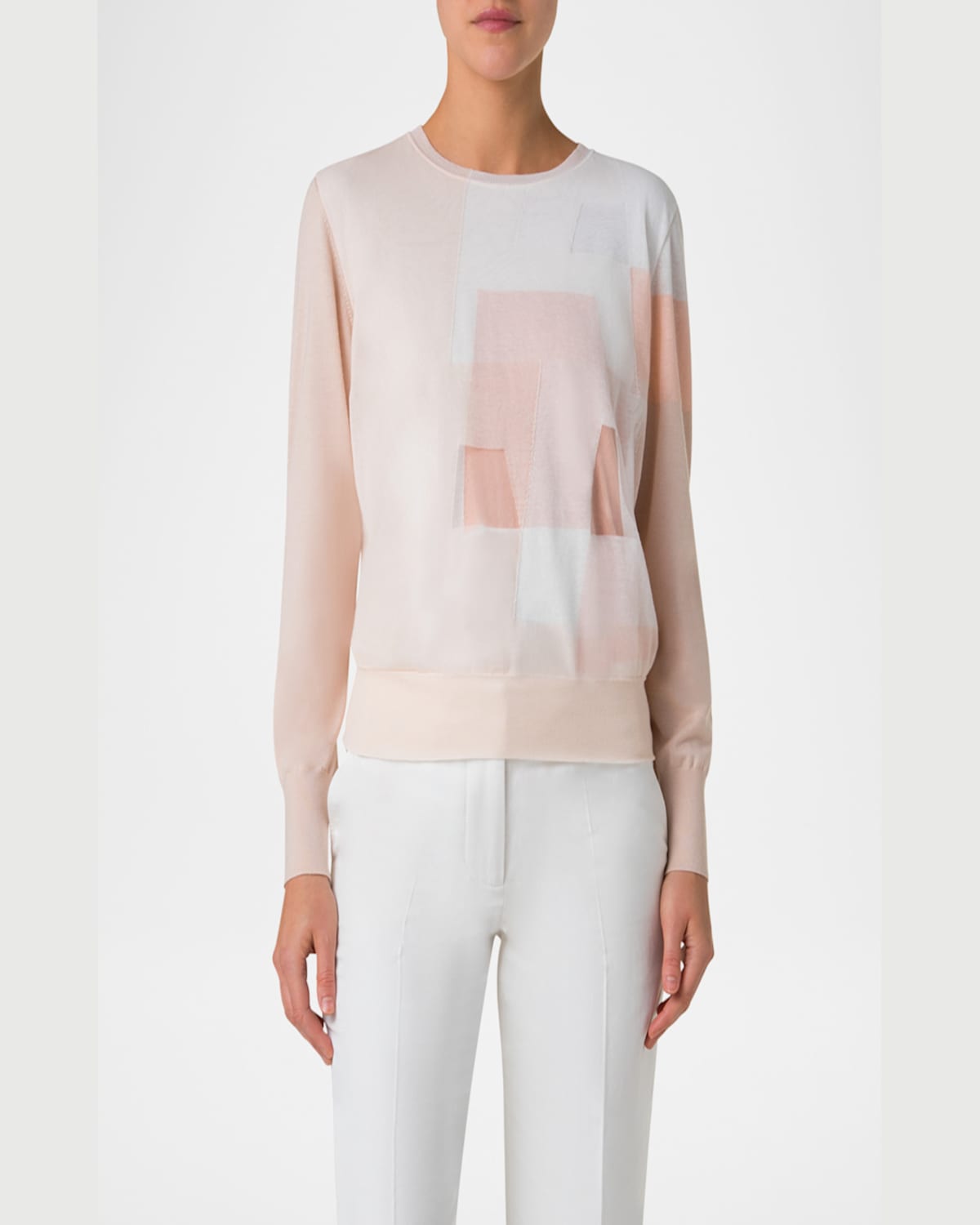 AKRIS TRAPEZE RAYONNANT INTARSIA DOUBLE-LAYER KNIT SWEATER 