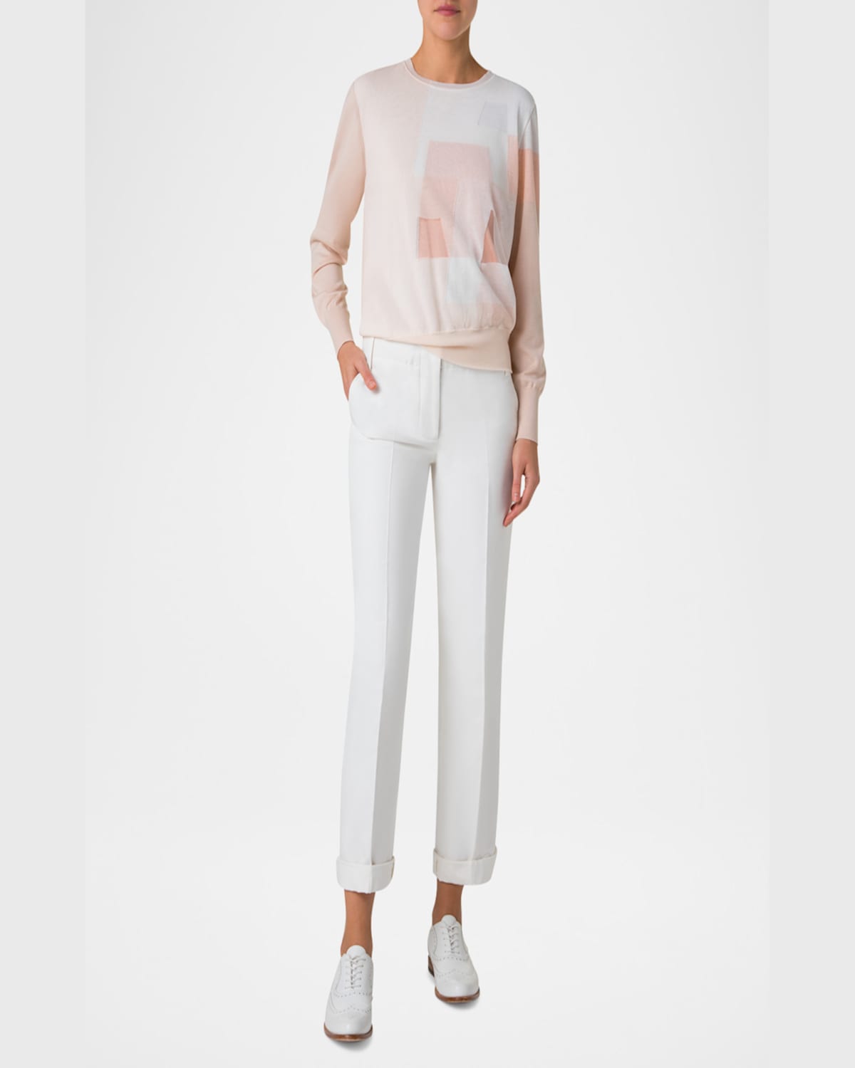 AKRIS TRAPEZE RAYONNANT INTARSIA DOUBLE-LAYER KNIT SWEATER 