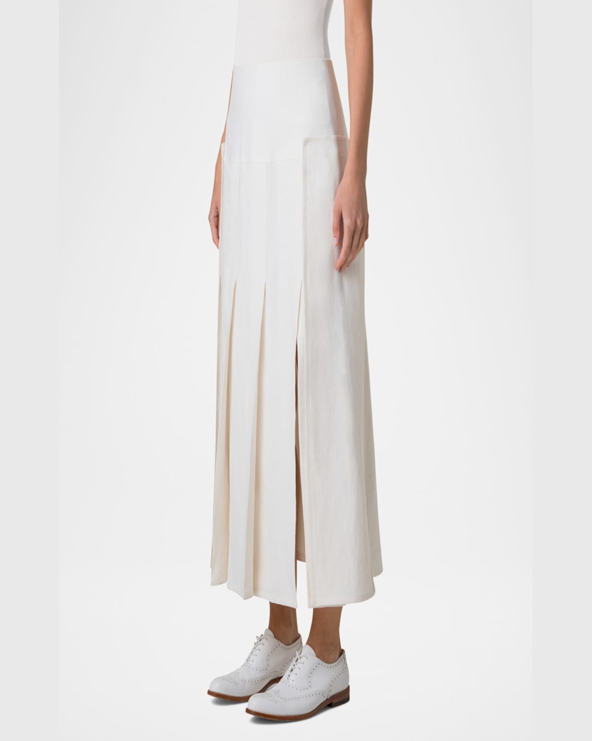 AKRIS STONEWASHED LINEN-WOOL PLEATED MIDI SKIRT 