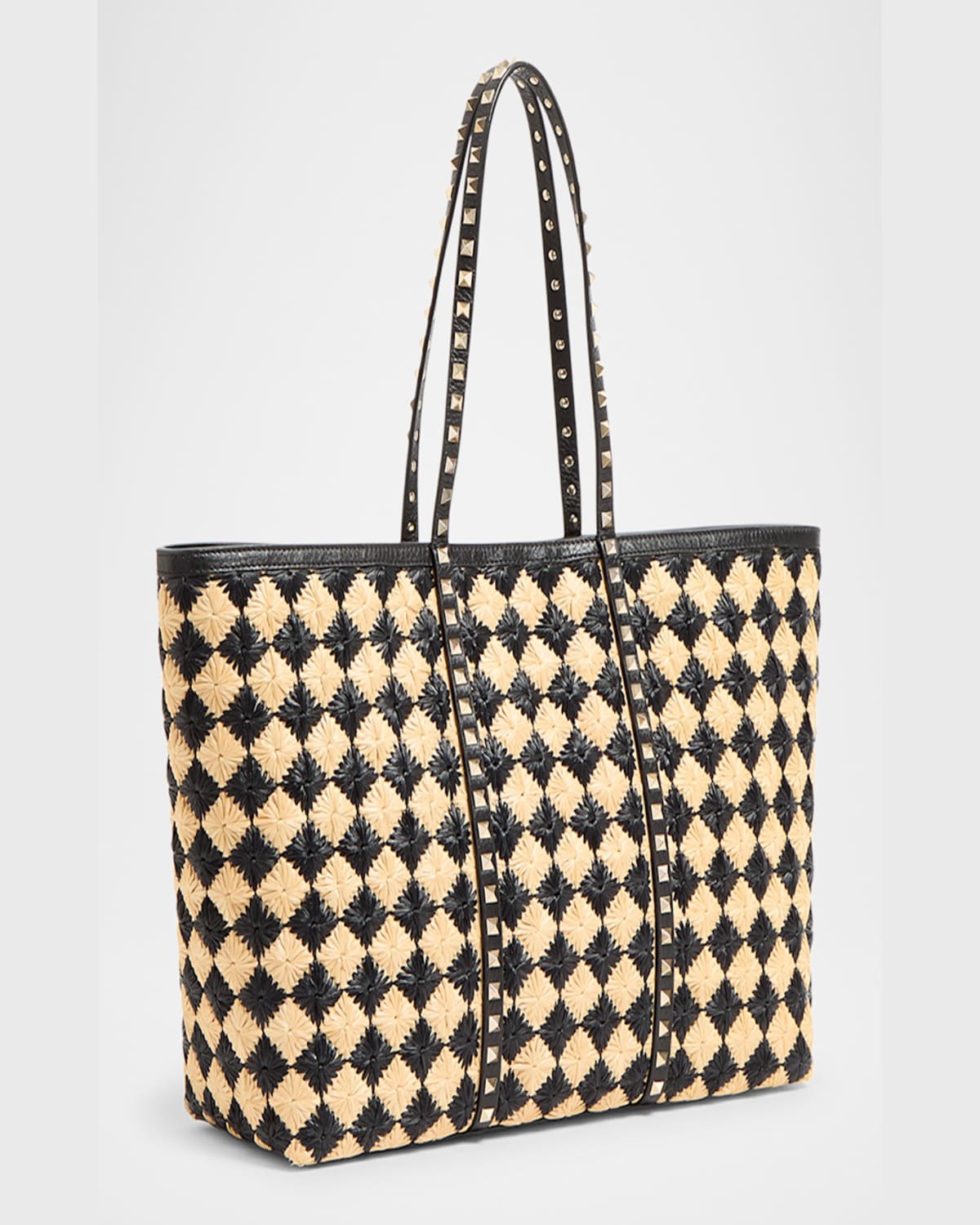 Valentino Women's Embroidered Raffia Rockstud Shopping Bag In Naturale Nero