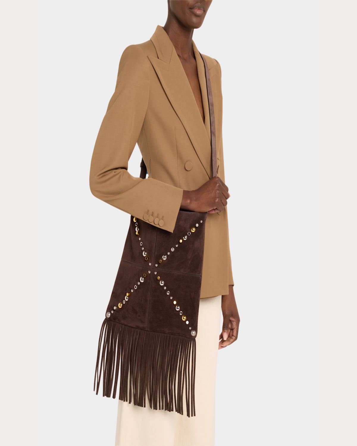 Valentino Nellcote Fringe Stud Suede Crossbody Bag In Testa Di Moro Fondant