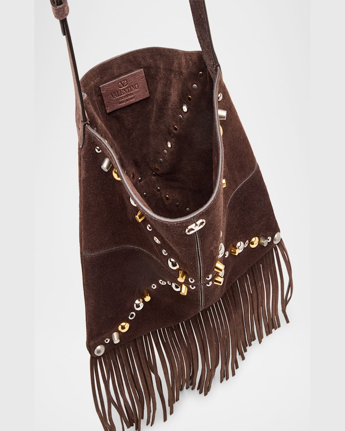 Valentino Nellcote Fringe Stud Suede Crossbody Bag In Testa Di Moro Fondant