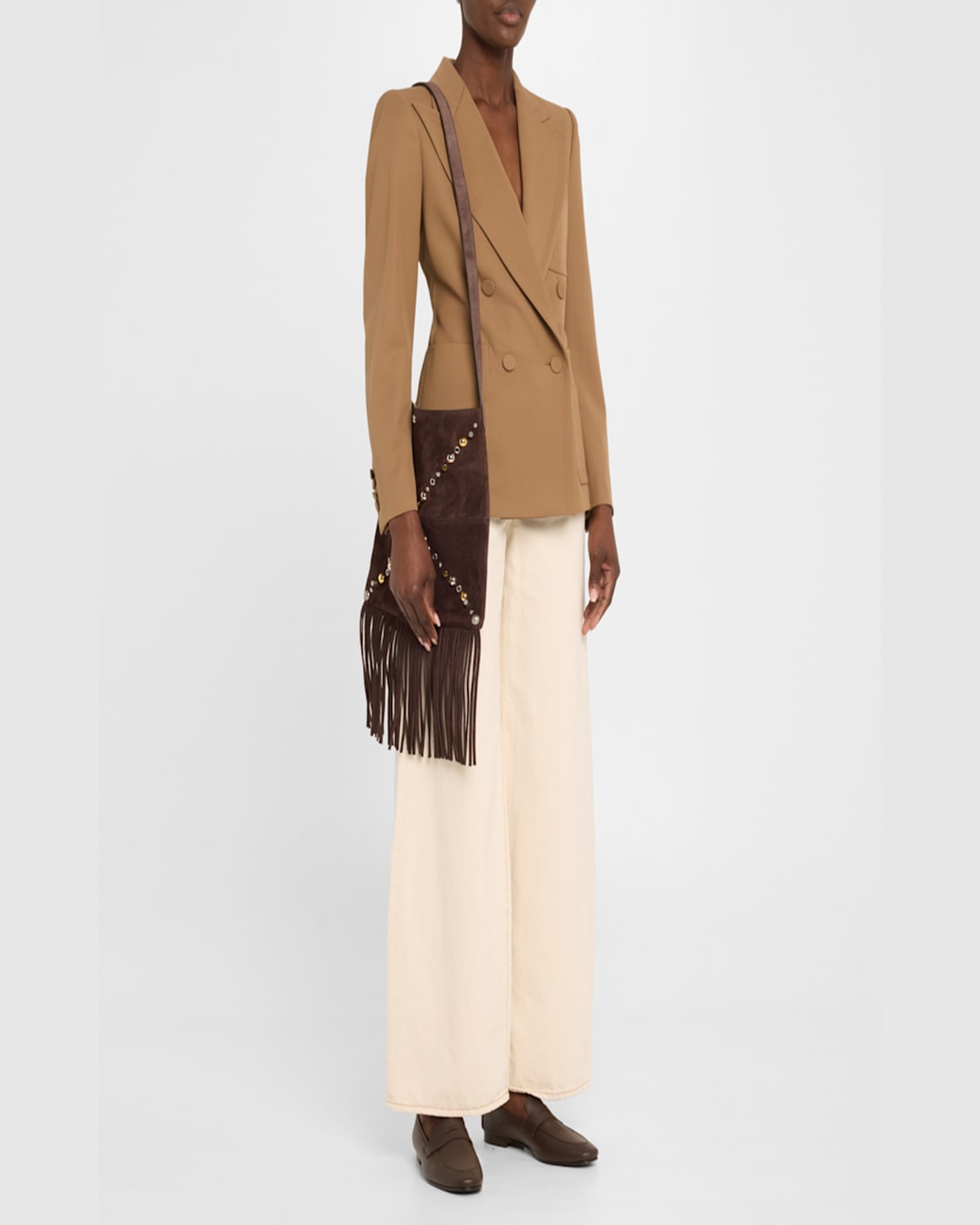 Valentino Nellcote Fringe Stud Suede Crossbody Bag In Testa Di Moro Fondant