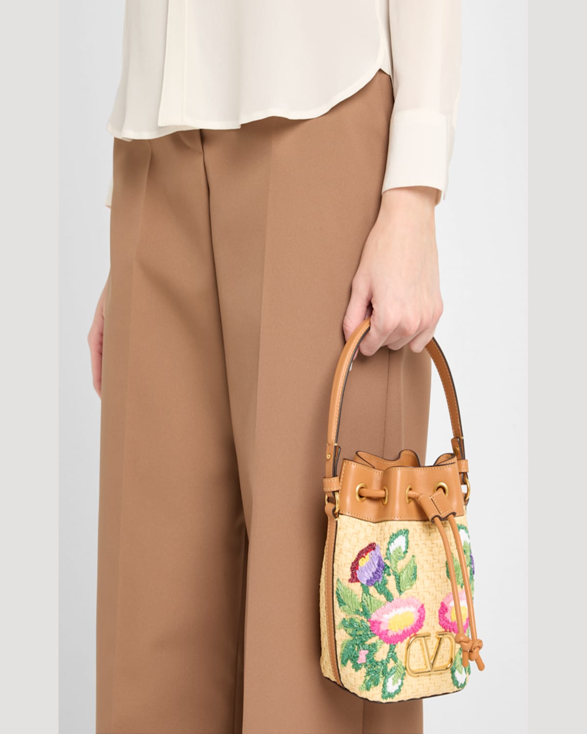 Valentino Vlogo Signature Mini Drawstring Flower Bucket Bag In Naturale-multicolor