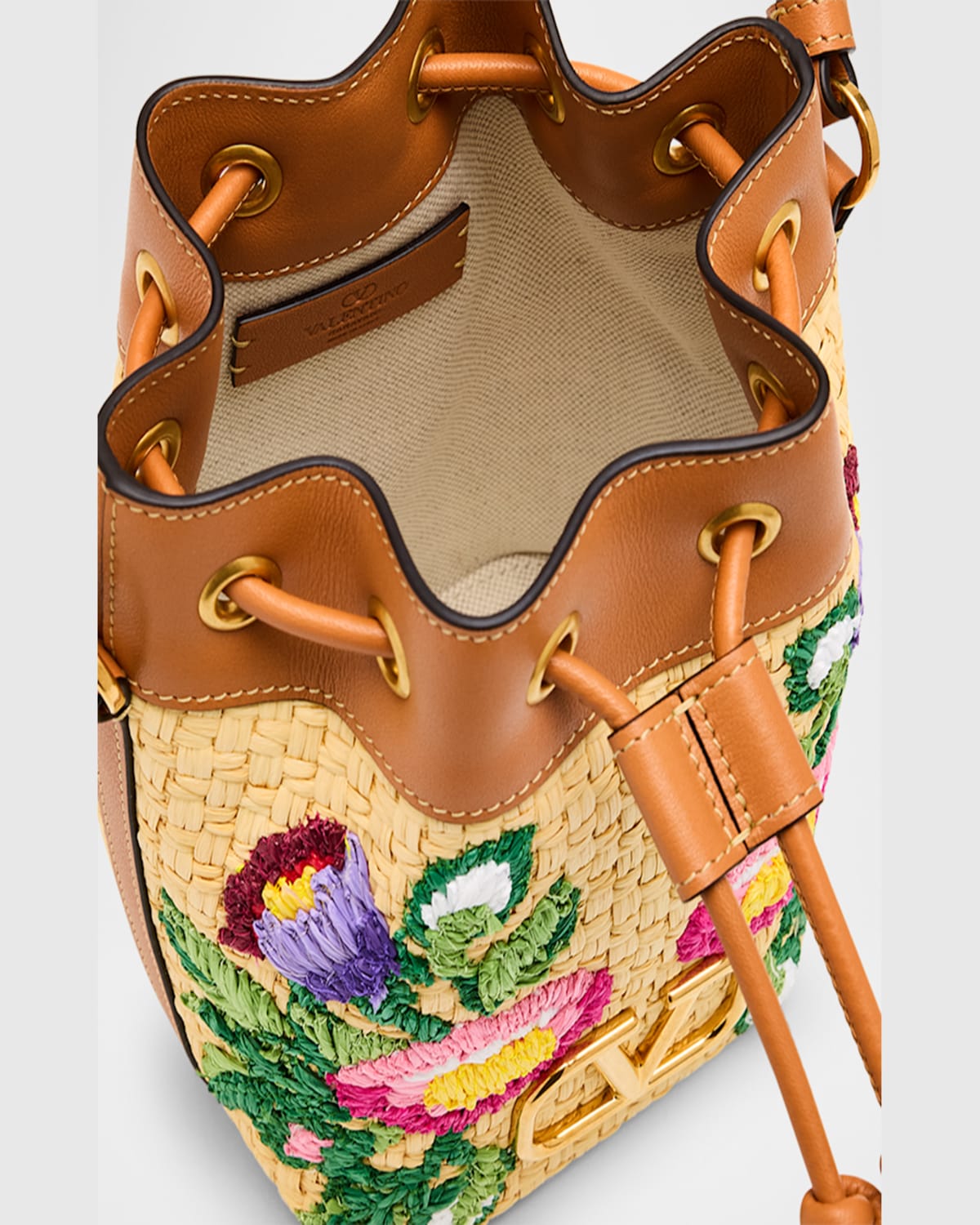 Valentino Vlogo Signature Mini Drawstring Flower Bucket Bag In Naturale-multicolor