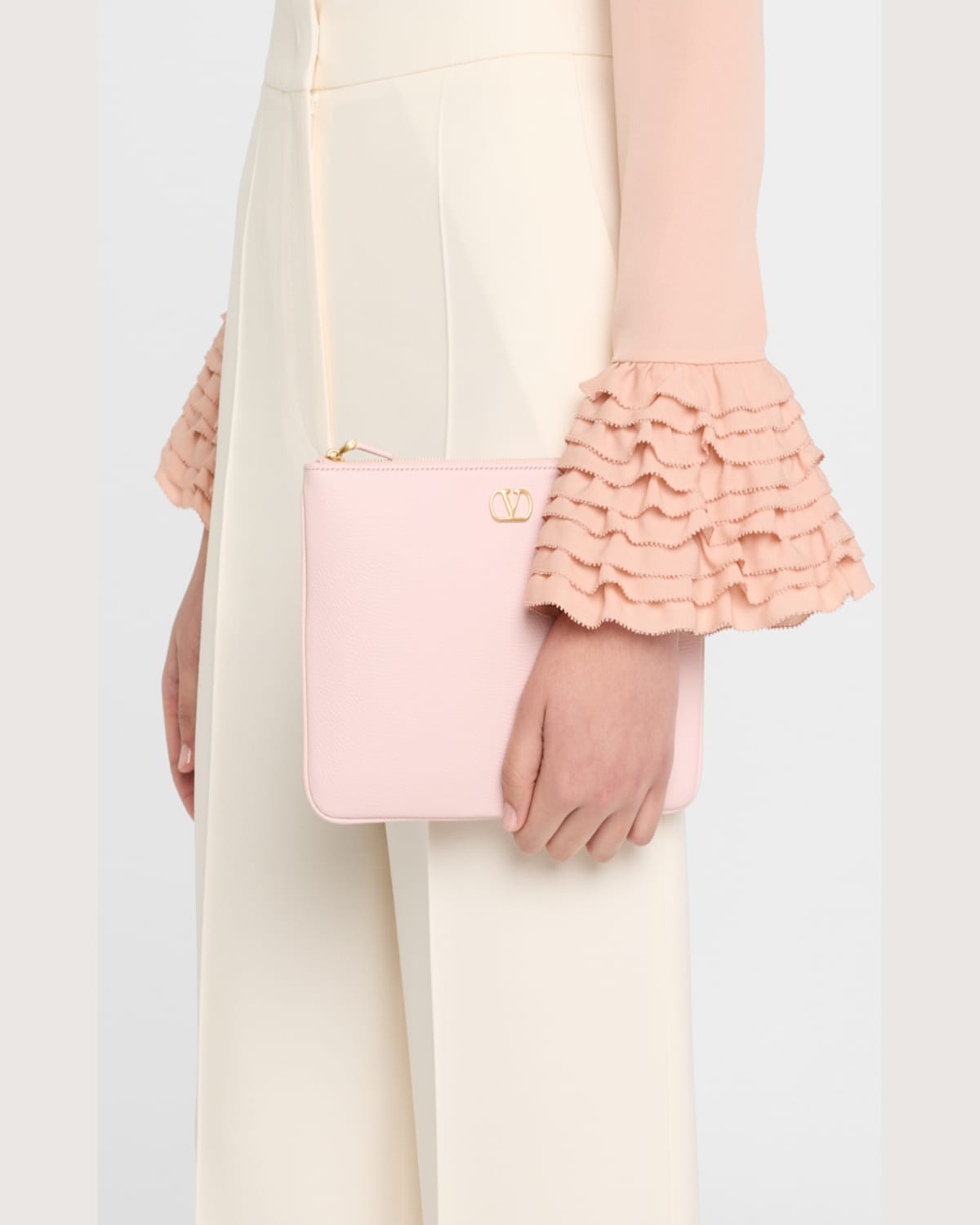 Valentino Medium Vlogo Leather Flat Pouch Bag In Rose Quartz