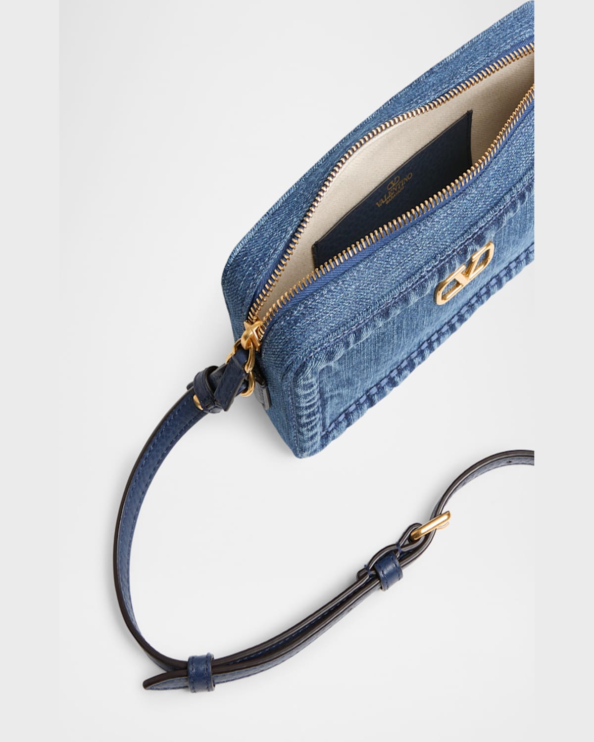 Shop Valentino Alltime Mini Denim Camera Crossbody Bag In Denim Worker