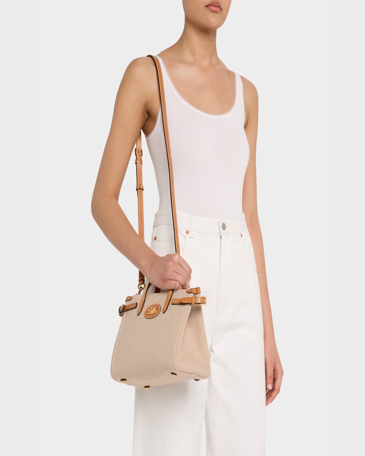 Valentino Antibes Medium Canvas Shopping Tote Bag In Naturale Tobacco