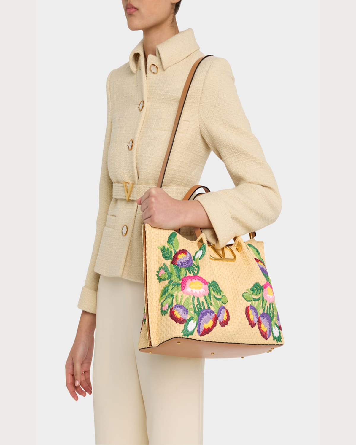 Valentino Garavani Beige Handbag With Metallic Vlogo On The Front And Floral Embroidery In Raffia Wo In Naturale Multicolor