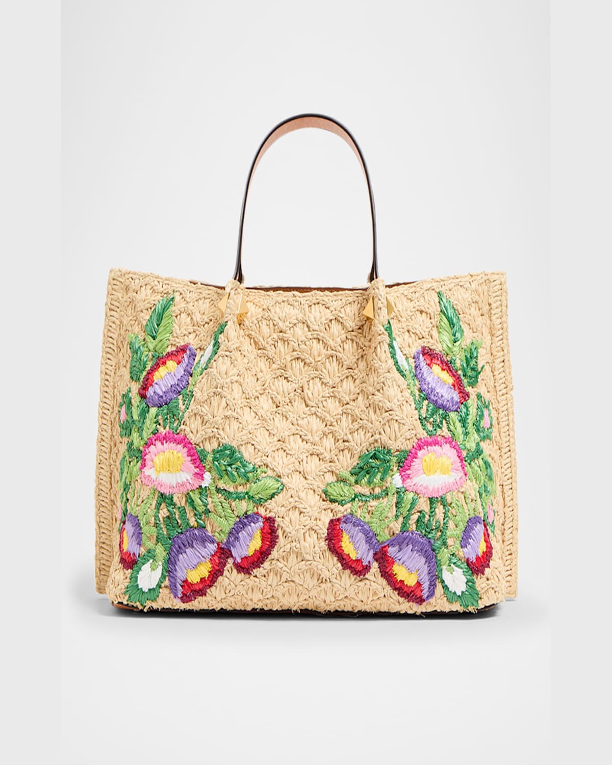Valentino Garavani Beige Handbag With Metallic Vlogo On The Front And Floral Embroidery In Raffia Wo In Naturale Multicolor