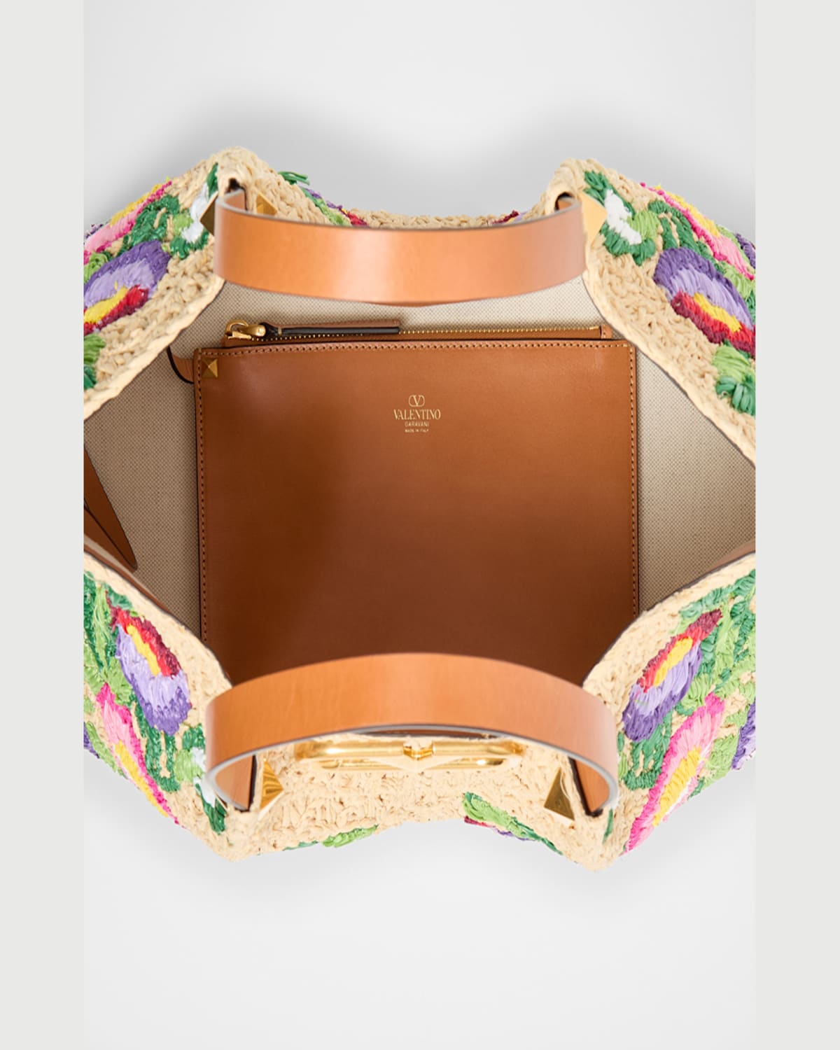 Valentino Garavani Beige Handbag With Metallic Vlogo On The Front And Floral Embroidery In Raffia Wo In Naturale Multicolor