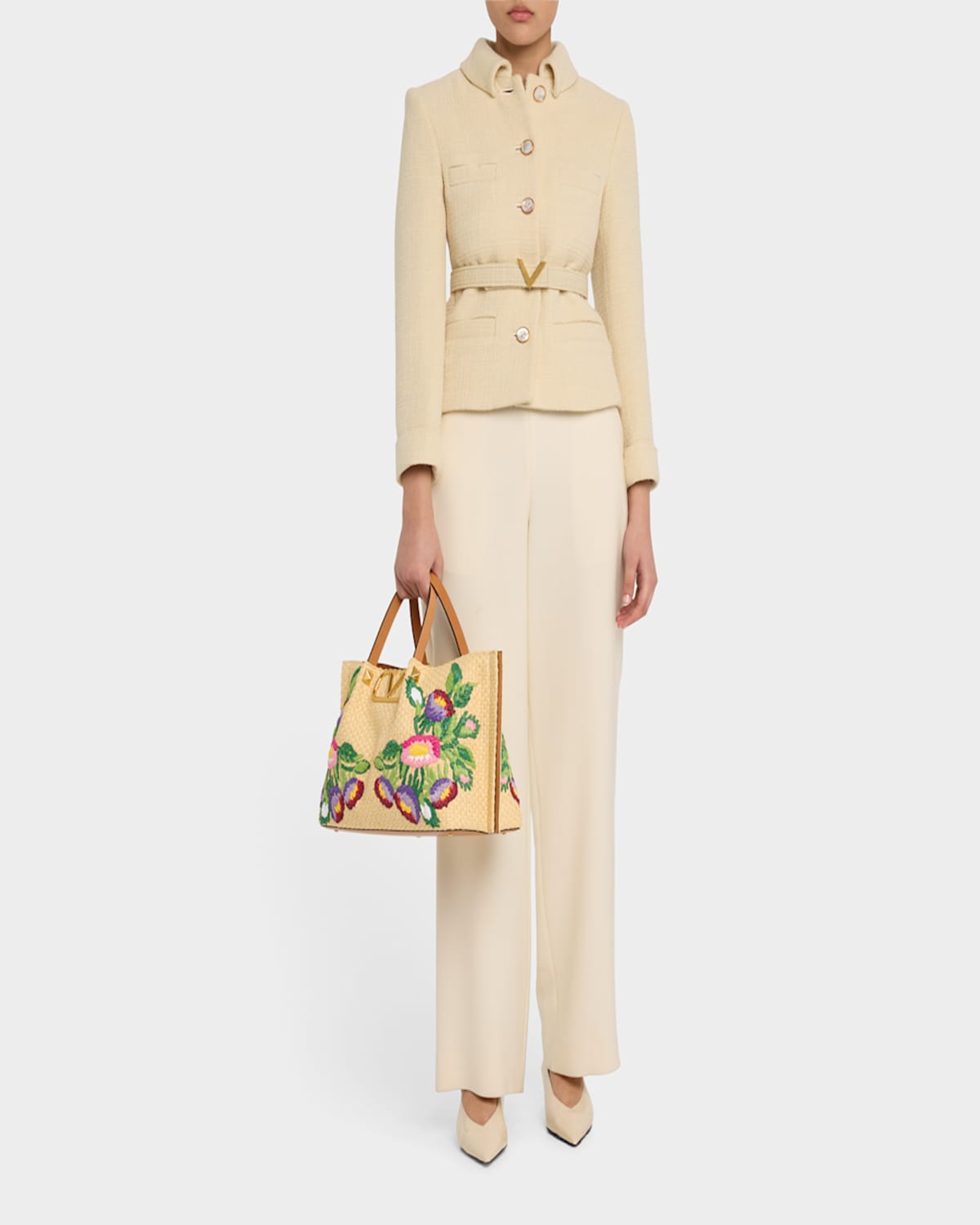 Valentino Garavani Beige Handbag With Metallic Vlogo On The Front And Floral Embroidery In Raffia Wo In Naturale Multicolor