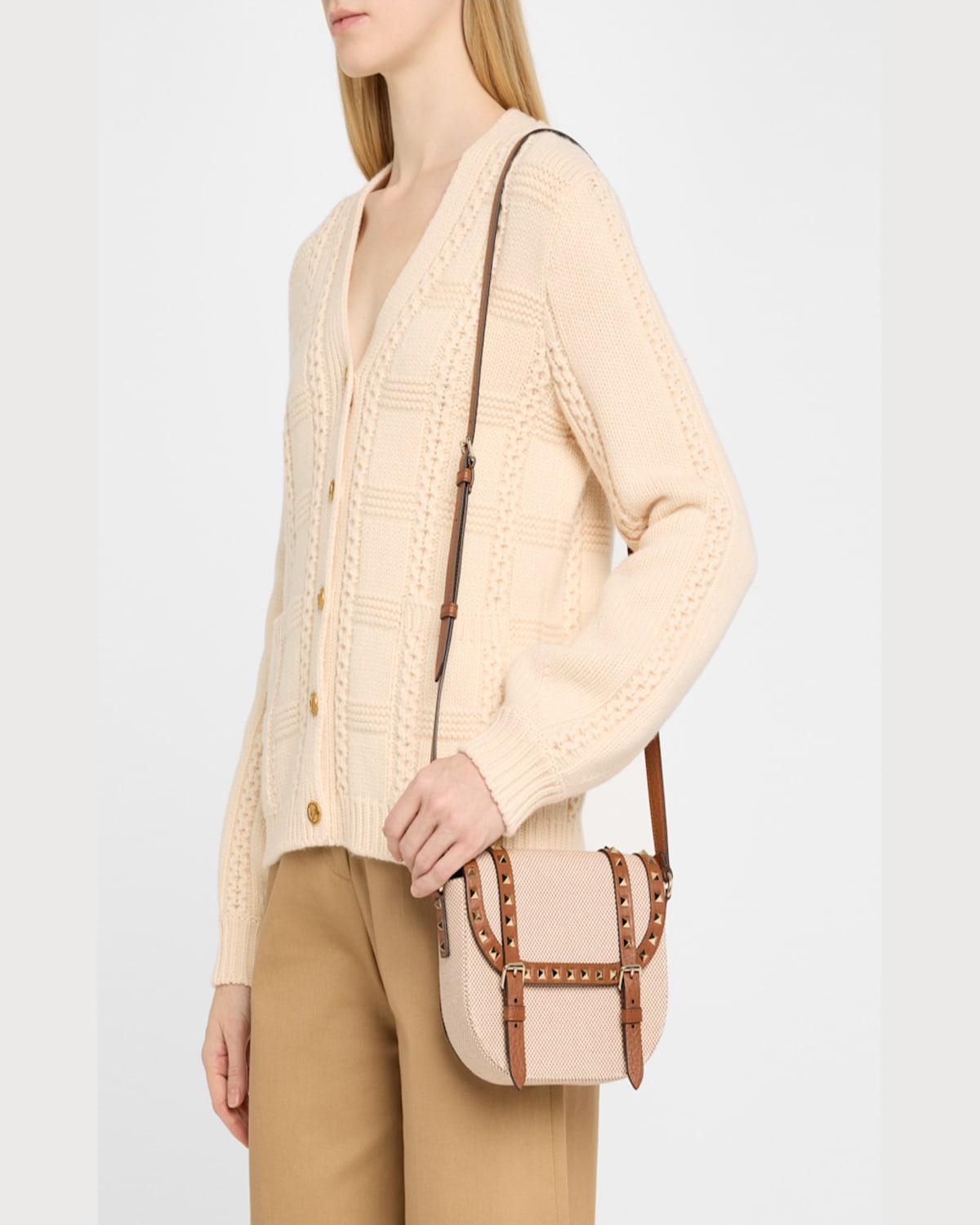 Valentino Small Rockstud Canvas Saddle Crossbody Bag In Naturale Tobacco Selleria