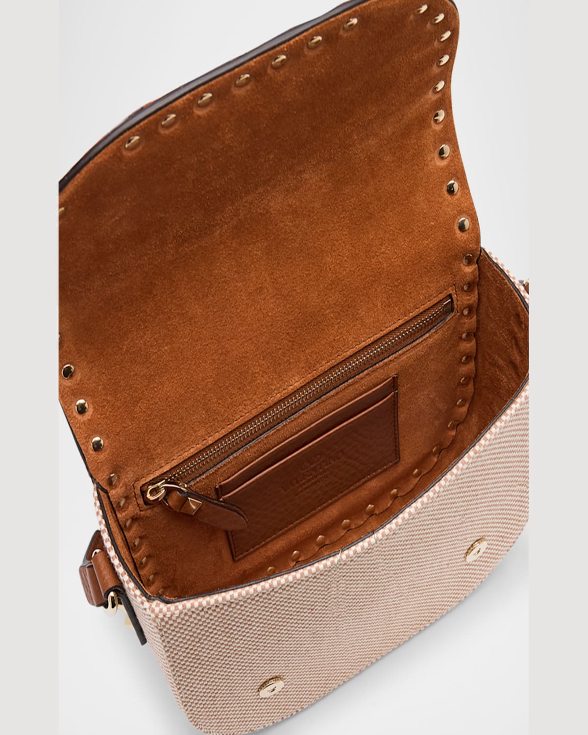 Valentino Small Rockstud Canvas Saddle Crossbody Bag In Naturale Tobacco Selleria