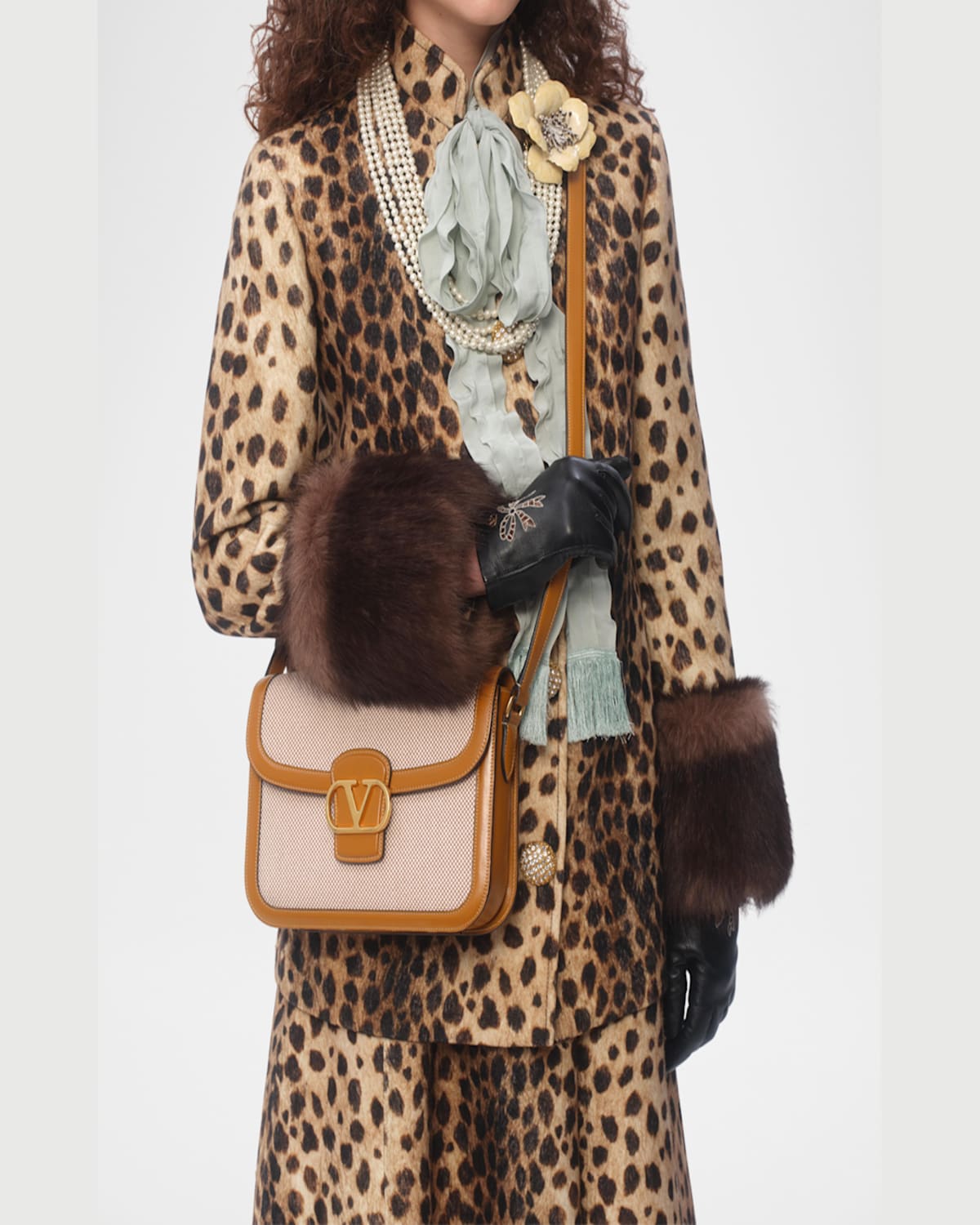 Valentino 9 To 5 Canvas & Leather Crossbody Bag In Naturale Tobacco Golden