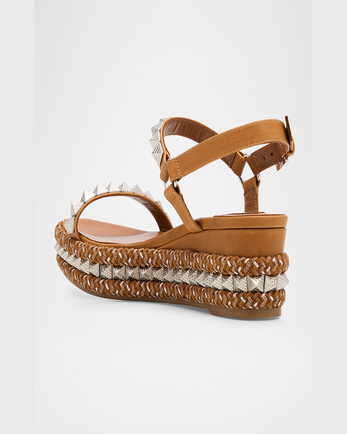 Christian Louboutin Pyraclou Leather Spike Red Sole Wedge Sandals In Terra