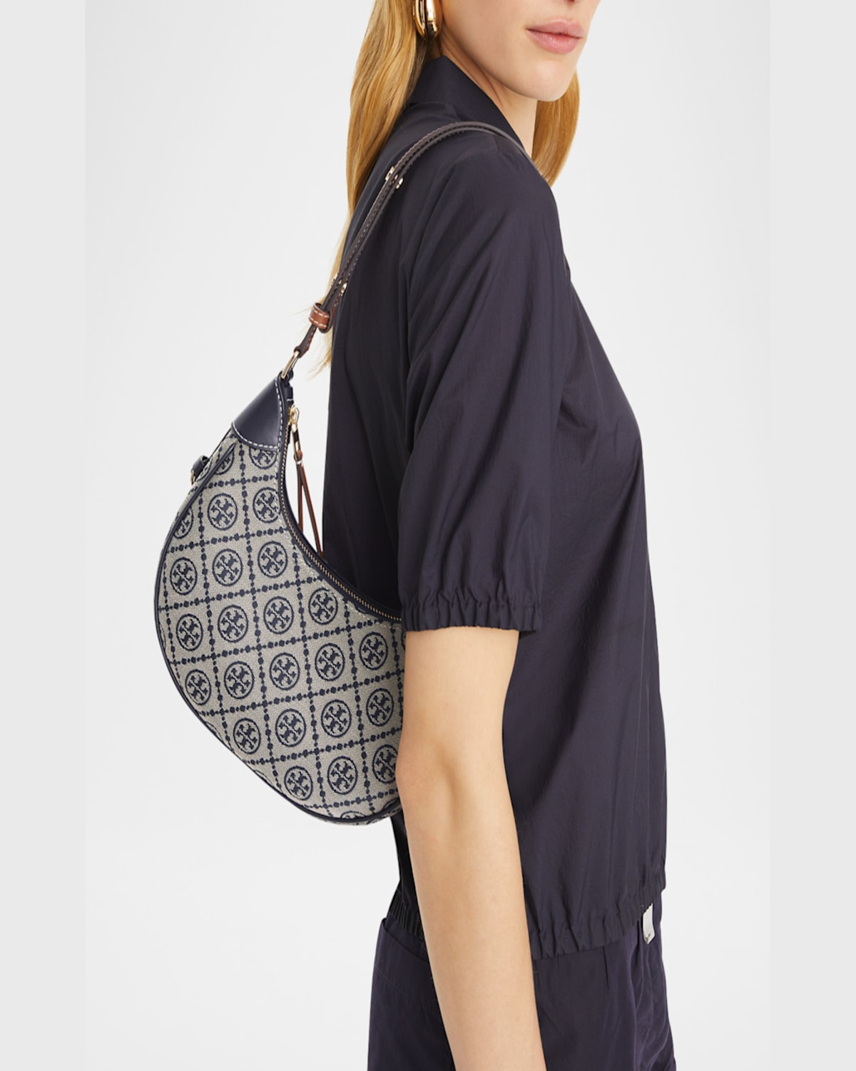 Tory Burch T-monogram Jacquard Crescent Shoulder Bag In Tory Navy
