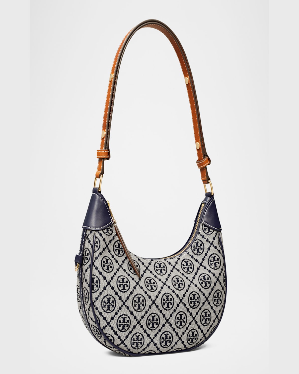 Tory Burch T-monogram Jacquard Crescent Shoulder Bag In Tory Navy