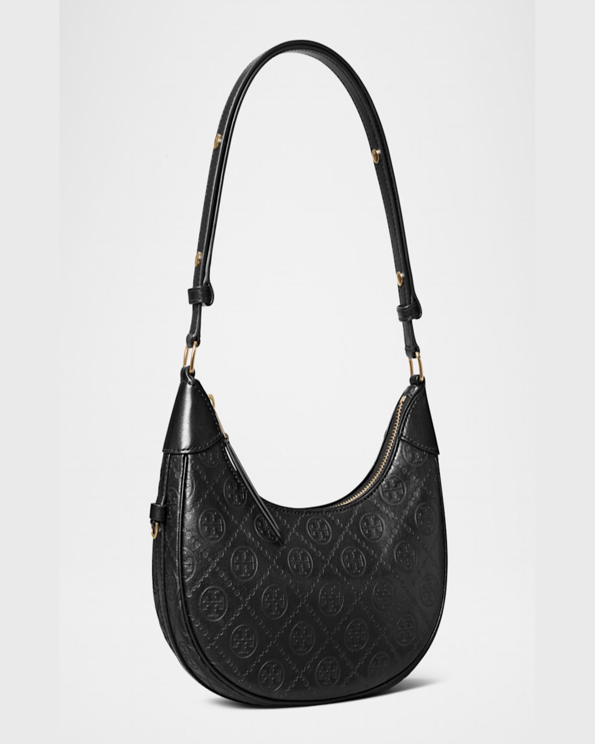 Tory Burch T Monogram Leather Crescent Shoulder Bag In Black